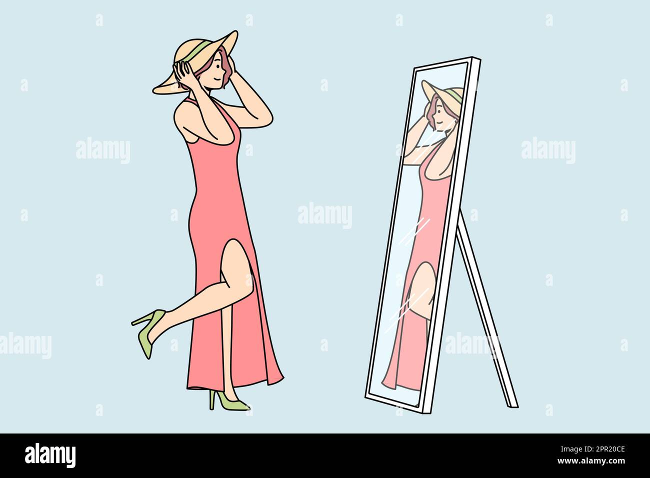 Femme en robe, chaussures, essaie le chapeau devant le miroir. Illustration de Vecteur