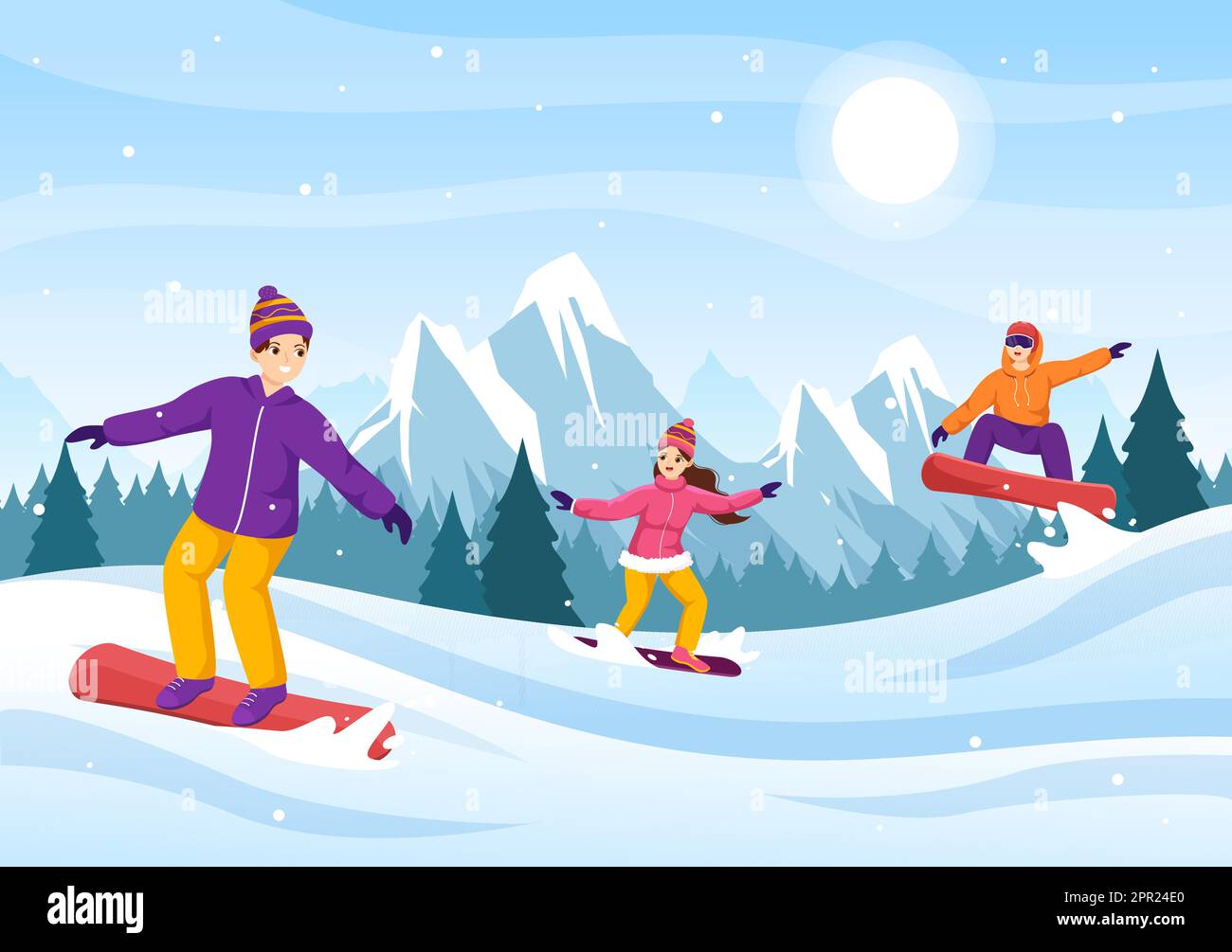 Snowboard avec des personnes qui glissent et sautent sur Snowy Mountain Side ou Slope Inside Flat Cartoon modèles dessinés à la main Illustration Illustration de Vecteur