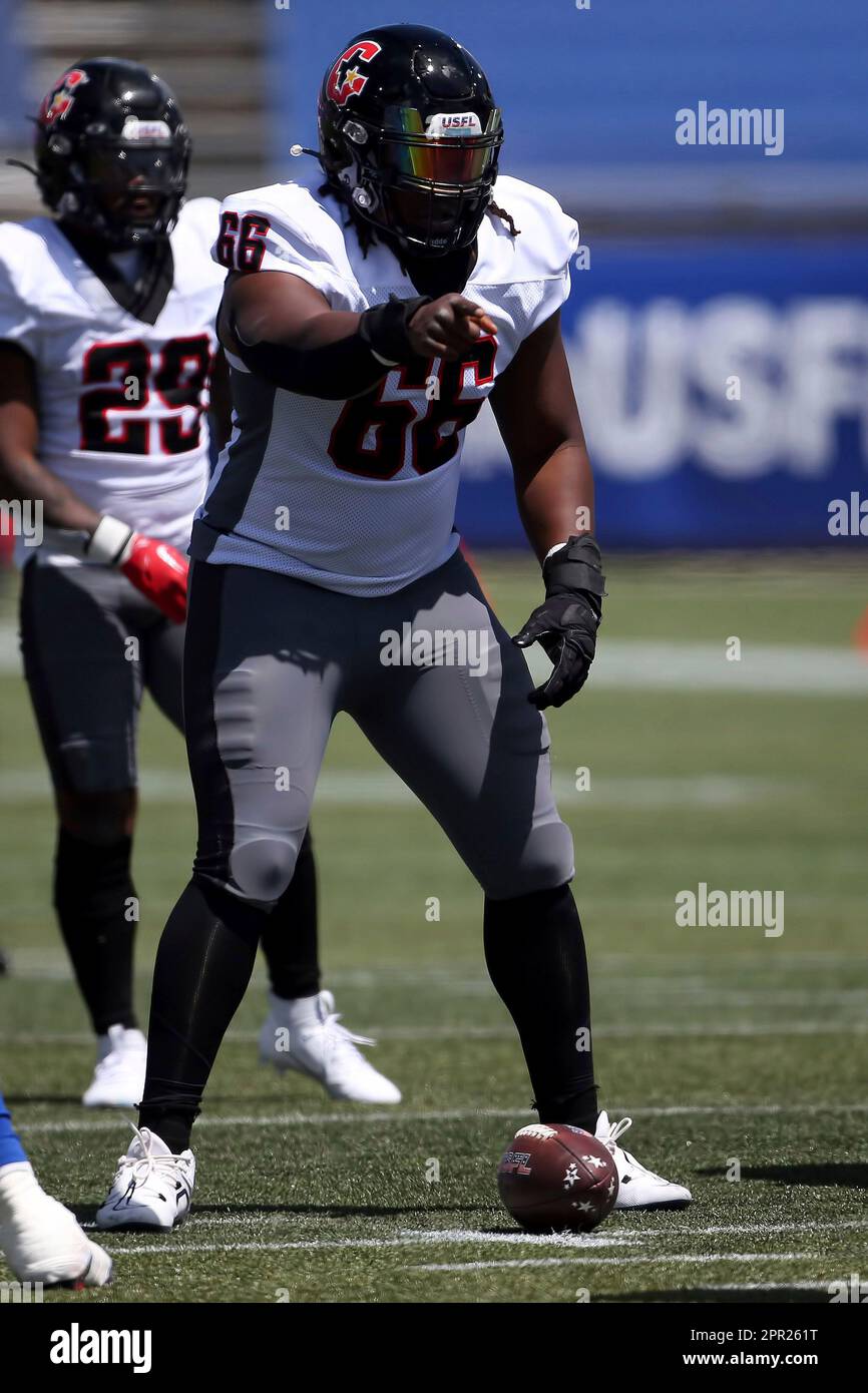 BIRMINGHAM, AL - APRIL 22: Houston Gamblers offensive lineman Nick Buchanan (66) during the USFL game between the Houston Gamblers and the New Orleans Breakers on April 22, 2023 at Protective Stadium in Birmingham, Alabama. (Photo by Michael Wade/Icon Sportswire) (Icon Sportswire via AP Images) Banque D'Images