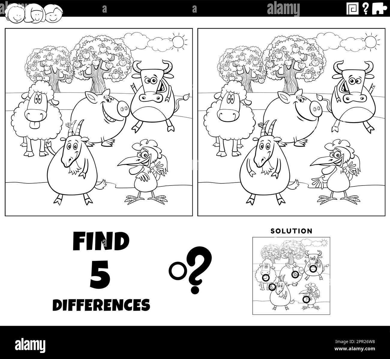 tâches de différences avec la page de coloriage des animaux de la ferme de dessin animé Illustration de Vecteur