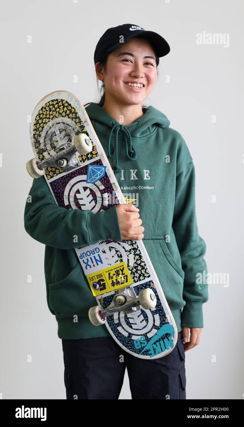 Funa Nakayama, a Japanese skateboarder, poses for a photo in Tokyo on April  26, 2024. 17-year-old Nakayama won a bronze medal in the skateboard women's  street competition at the Tokyo Olympics Games、placed