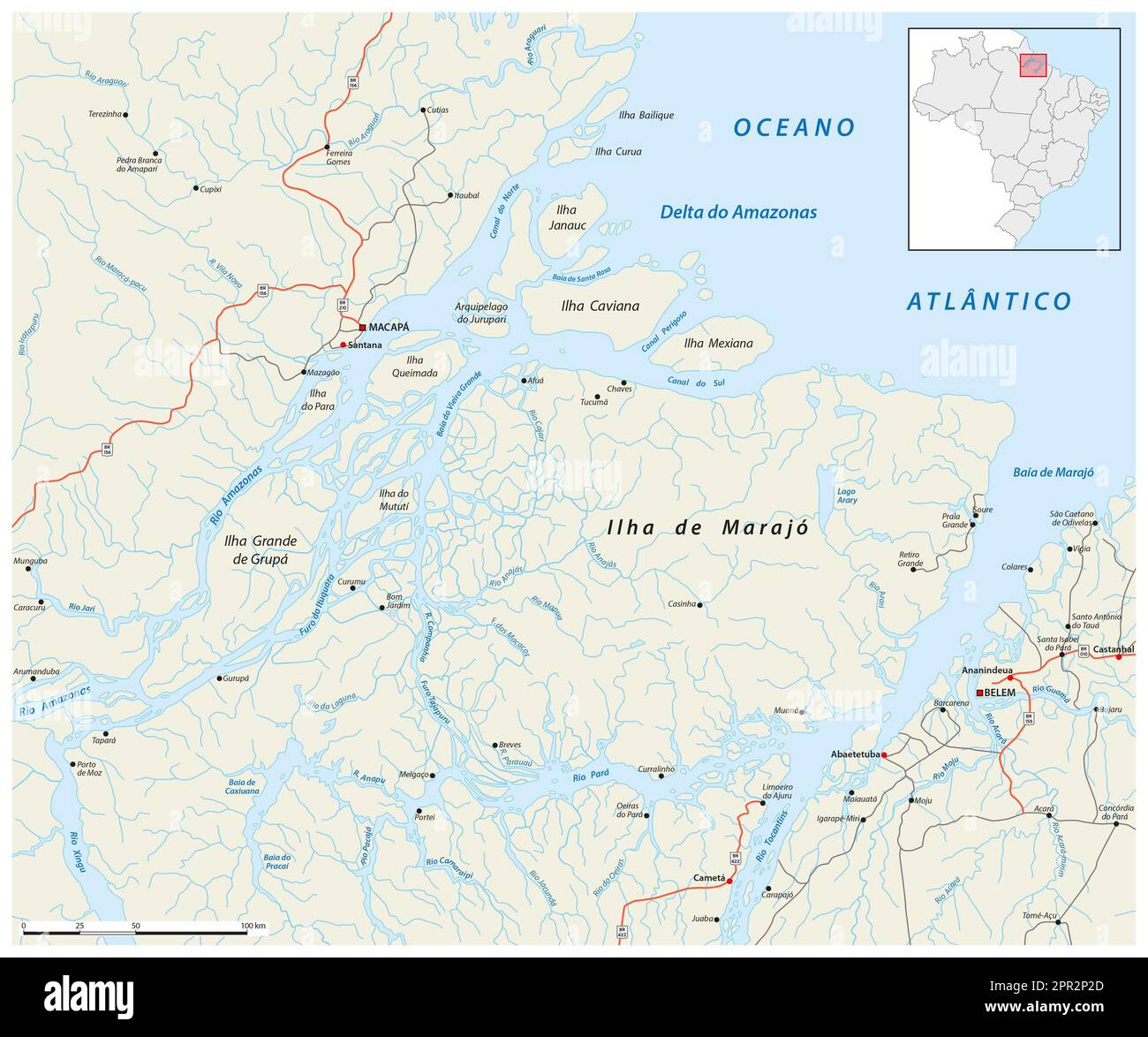 Carte routière du delta de l'Amazone au Brésil Banque D'Images