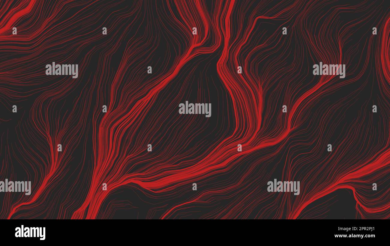 Arrière-plan abstrait noir et rouge. Lignes ondulées. Toile de fond à rayures modernes. Rayures ondulées couleurs noir et rouge sur texture sombre. Banque D'Images