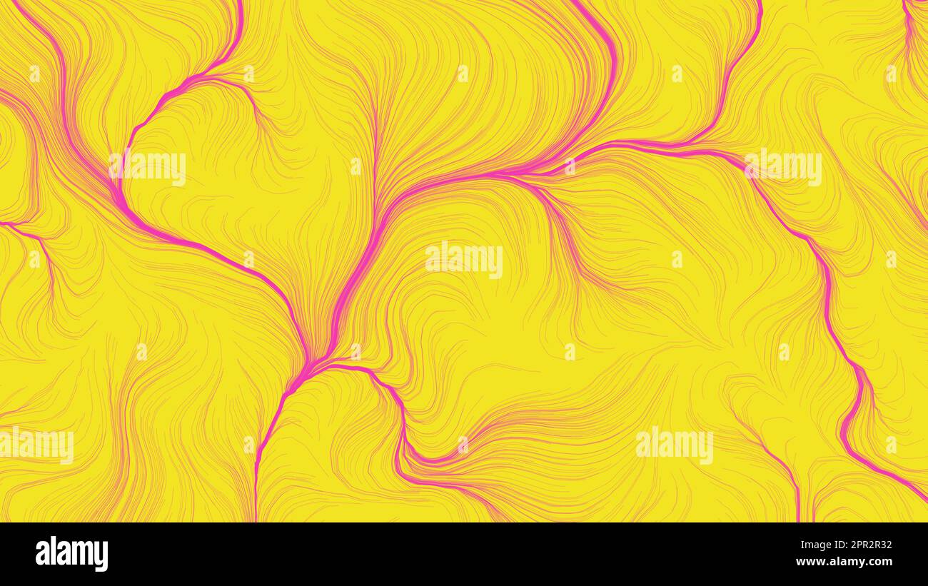 Fond de concept abstrait jaune. Design d'art numérique. Toile de fond à rayures modernes. Rayures ondulées couleur rose et jaune sur texture brillante. Banque D'Images