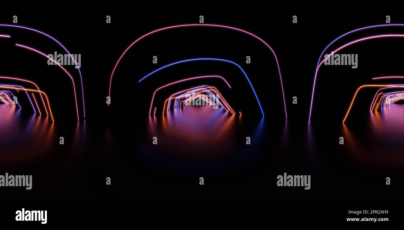 panorama complet à 360 degrés des rayons néon de l'environnement lumineux Banque D'Images