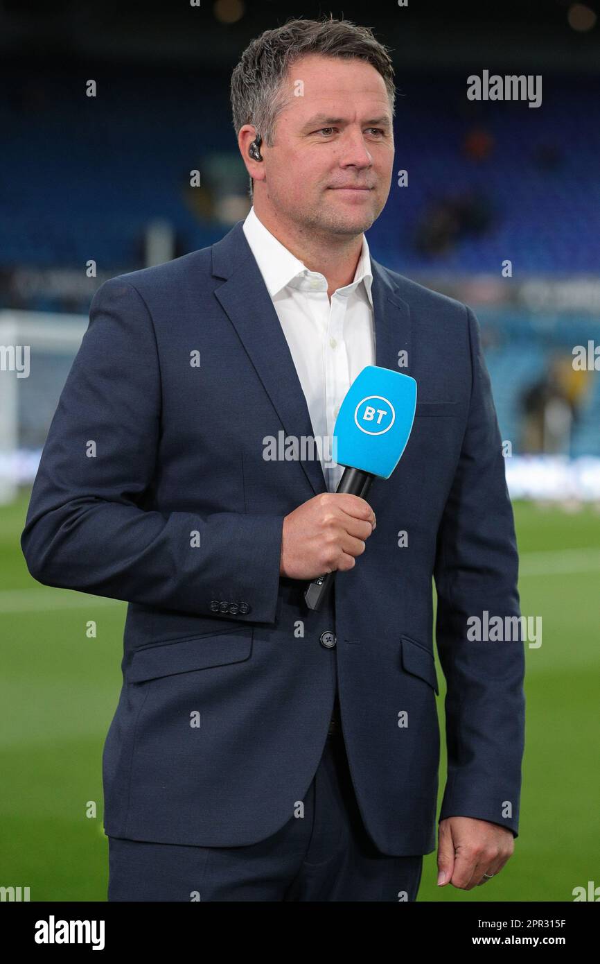 Michael Owen assurant la couverture de BT Sports avant le match de ce soir de la Premier League Leeds United contre Leicester City à Elland Road, Leeds, Royaume-Uni, 25th avril 2023 (photo de James Heaton/News Images) Banque D'Images