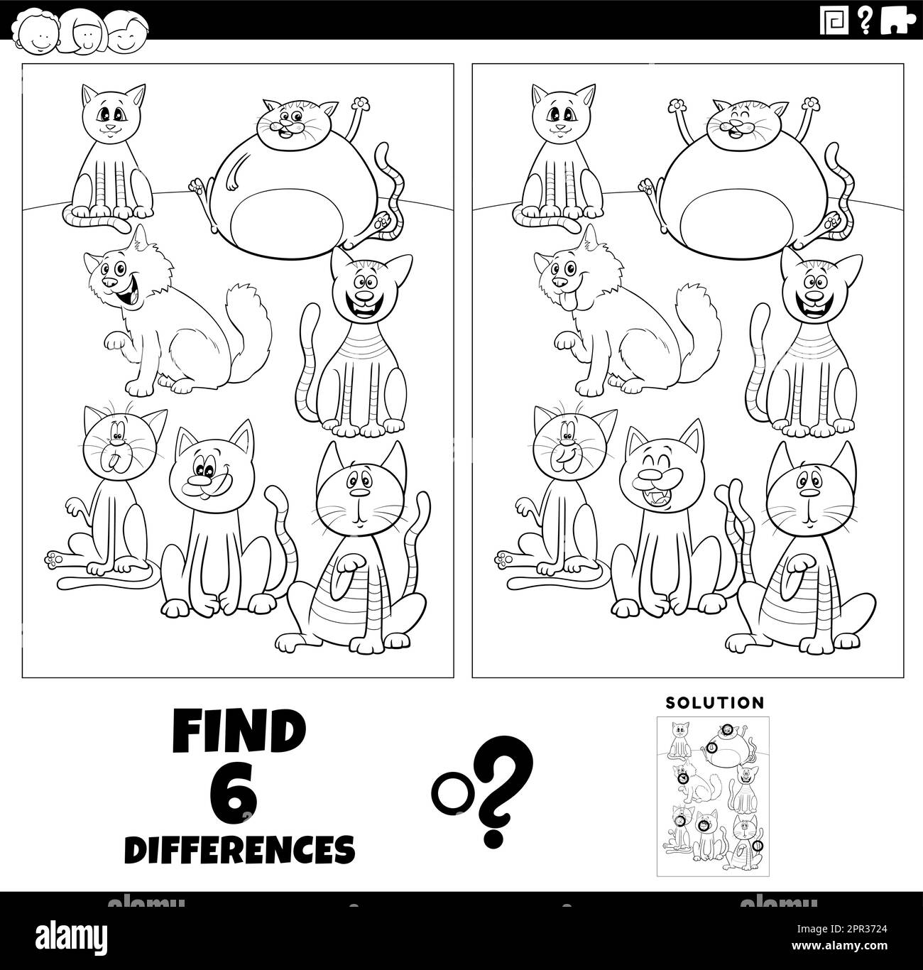 jeux de différences avec dessin animé chats animaux coloriage page Illustration de Vecteur