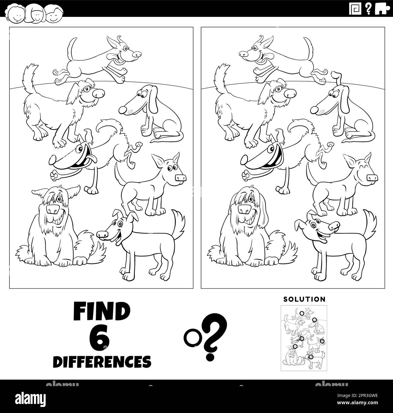 tâches de différences avec la page de coloriage d'animaux de chien de bande dessinée Illustration de Vecteur