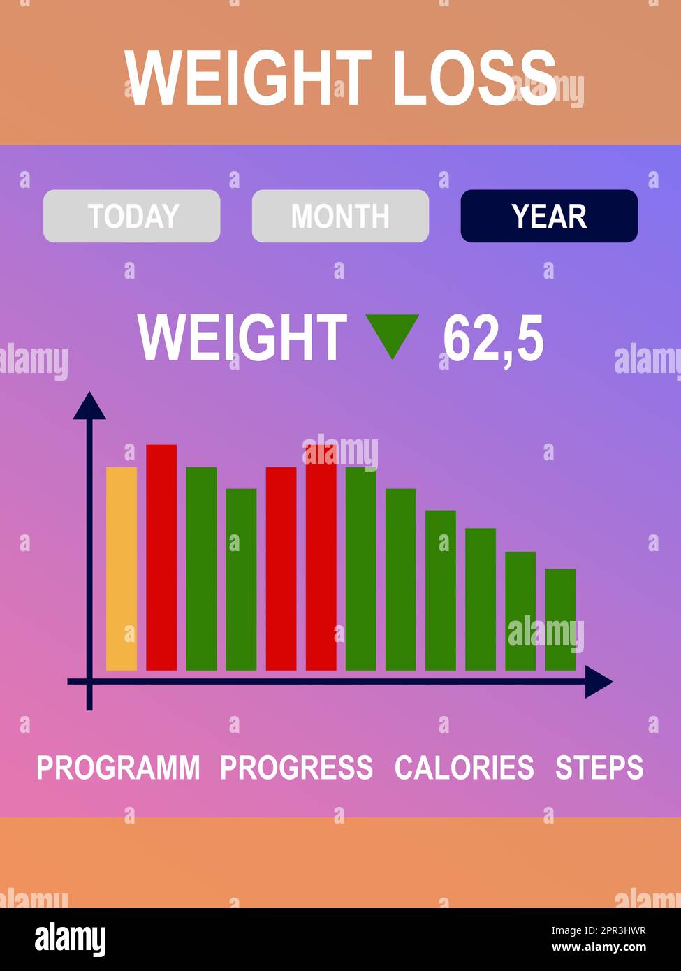 Application de perte de poids, étapes de comptage et apport calorique. Illustration Banque D'Images