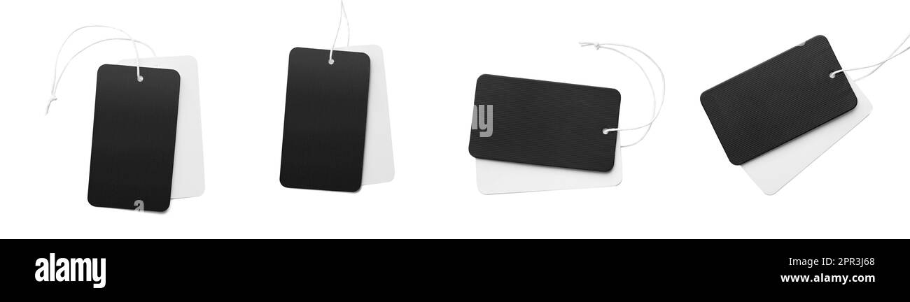 Définir avec des balises vierges sur fond blanc, vue de dessus. Bannière Banque D'Images