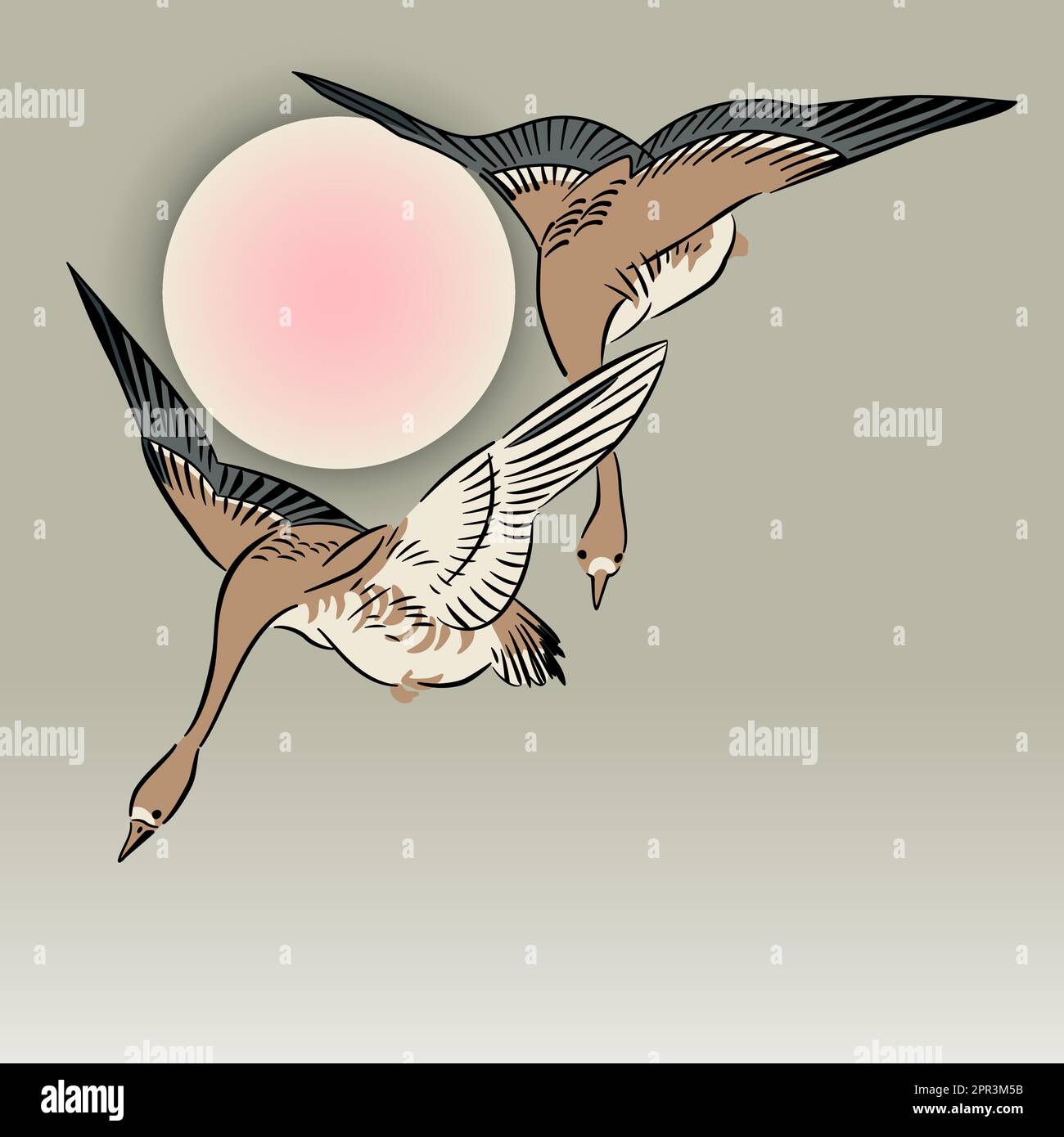 Deux grues volantes encadrent une pleine lune, détail de l'impression de blocs de bois japonais Illustration de Vecteur