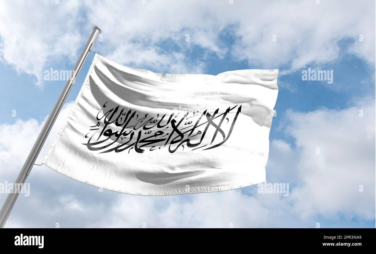 Drapeau des Talibans. Drapeau de l'Afghanistan, l'Afghanistan dans le pouvoir des talibans. L'inscription en traduction « shahada » est inscrite sur le drapeau blanc. Al-Qaida Banque D'Images