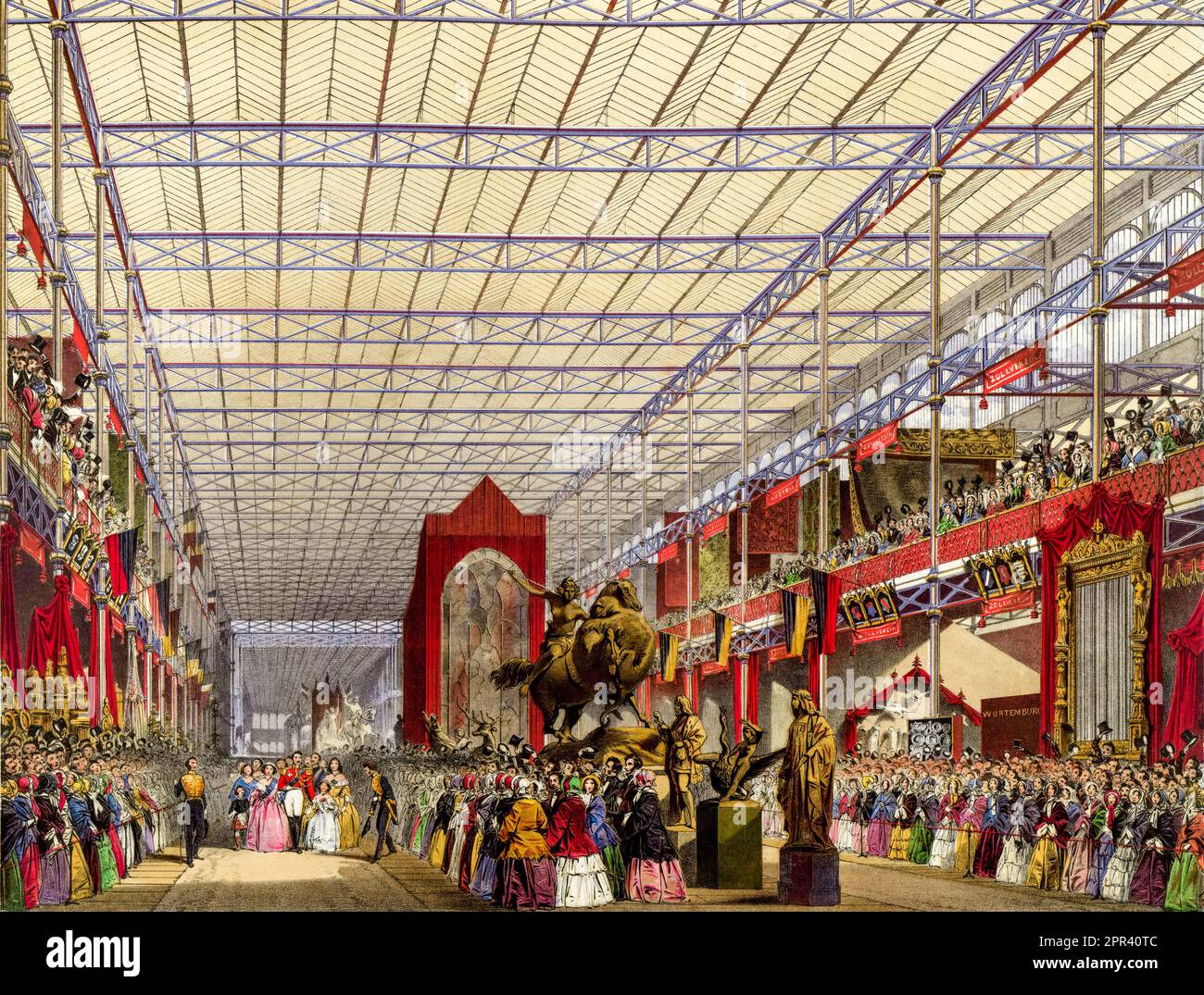 La reine Victoria et le prince Albert visitant la nef étrangère de la Grande exposition 1851 à l'intérieur du Crystal Palace, Londres, Angleterre, illustration par Joseph Nash, 1854 Banque D'Images
