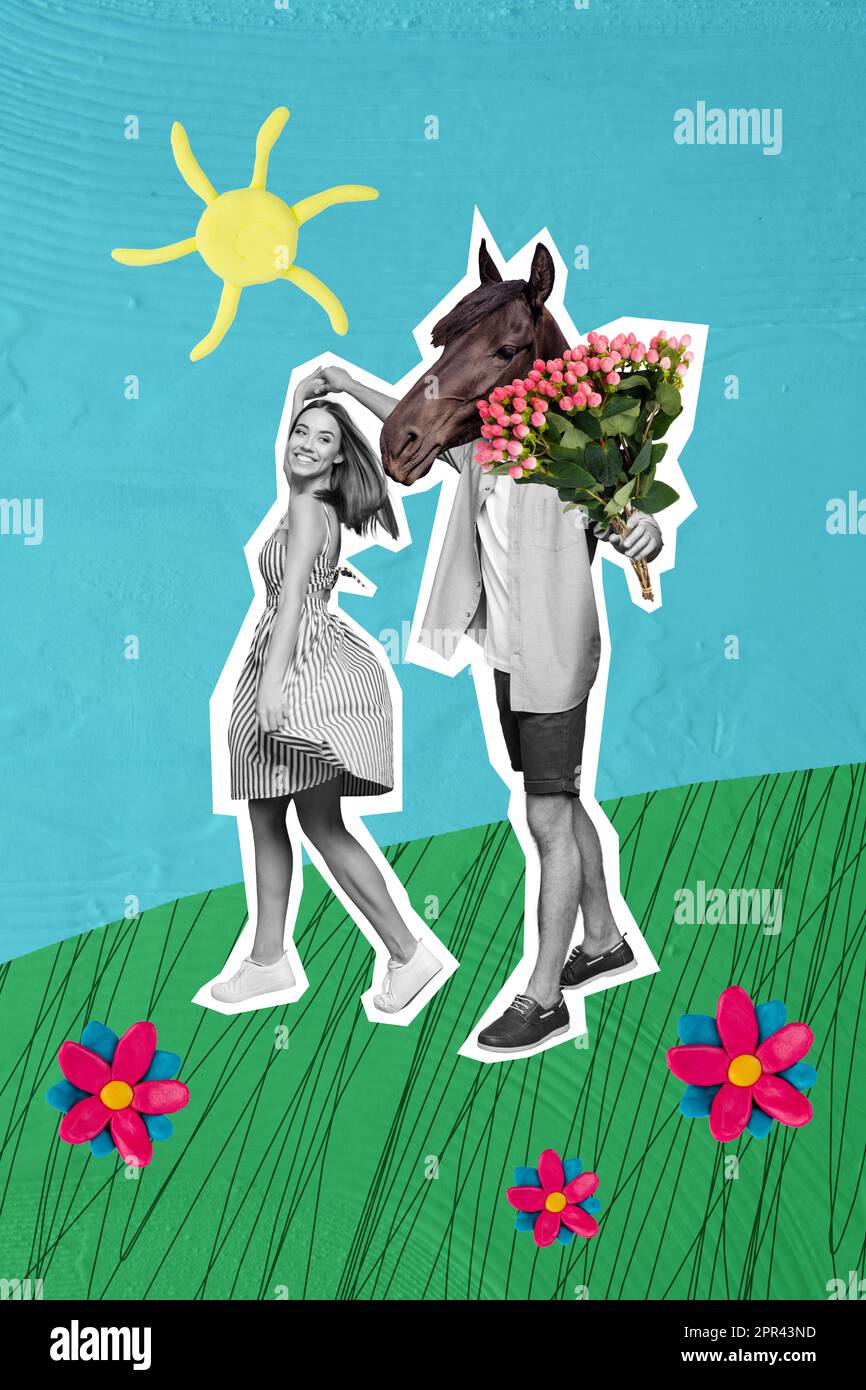 Illustration créative image collage de deux personnes profiter de l'été anniversaire ont rural disco gars tenir 8 mars présent bouquet de roses Banque D'Images