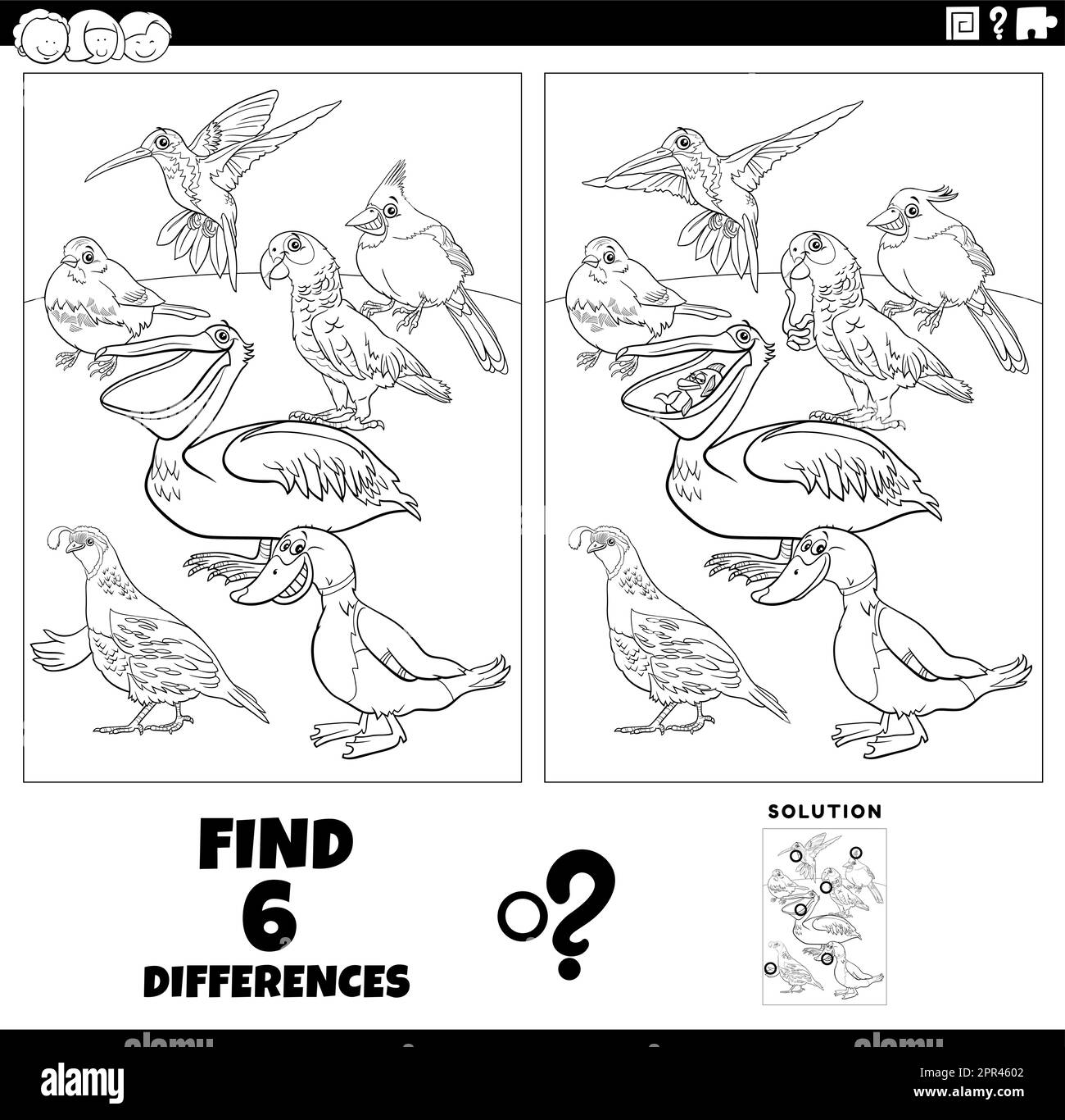 jeux de différences avec dessin animé oiseaux animaux coloriage page Illustration de Vecteur