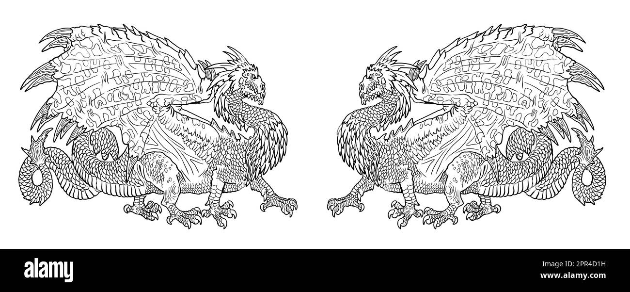 Page de coloriage Dragon. Illustration de fantaisie avec créature mythique. Feuille de coloriage de dessin Dragon. Banque D'Images