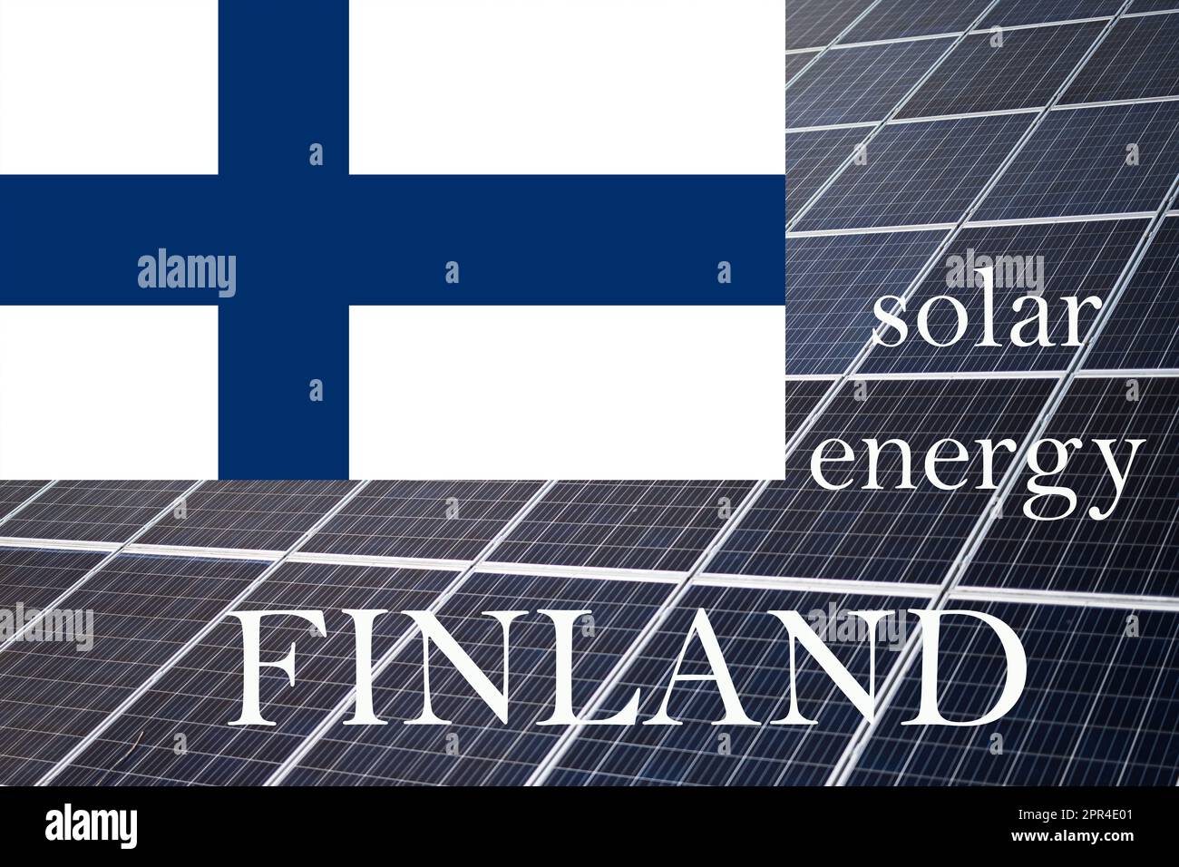 Panneaux d'énergie solaire avec fond de drapeau finlandais. Concept des ressources durables et de l'énergie renouvelable finlandaise. Banque D'Images