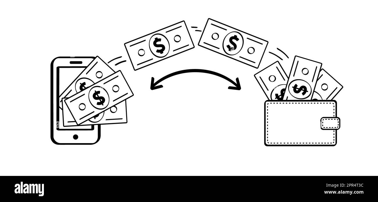 Portefeuille pour téléphone portable. Envoi et réception d'argent, paiements. Lot de dessins animés, argent papier. Dollar, billets d'argent ou facture d'argent. Factures d'espèces et de currenc Banque D'Images