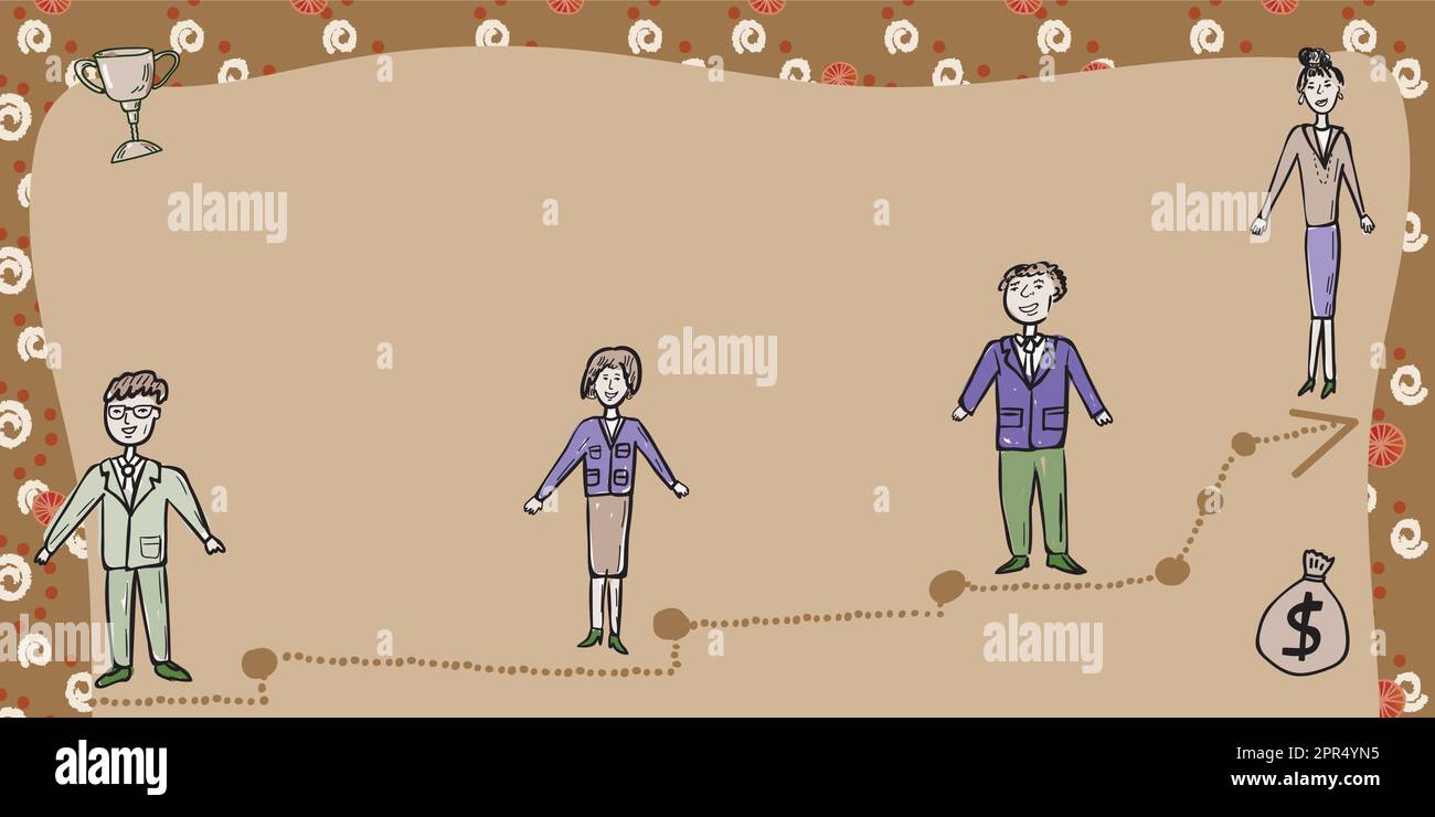 Équipe d'affaires debout sur l'escalier de la réussite avec Trophée et sac d'argent sur les côtés. Les hommes d'affaires et les femmes d'affaires présentent un important message de développement. Illustration de Vecteur
