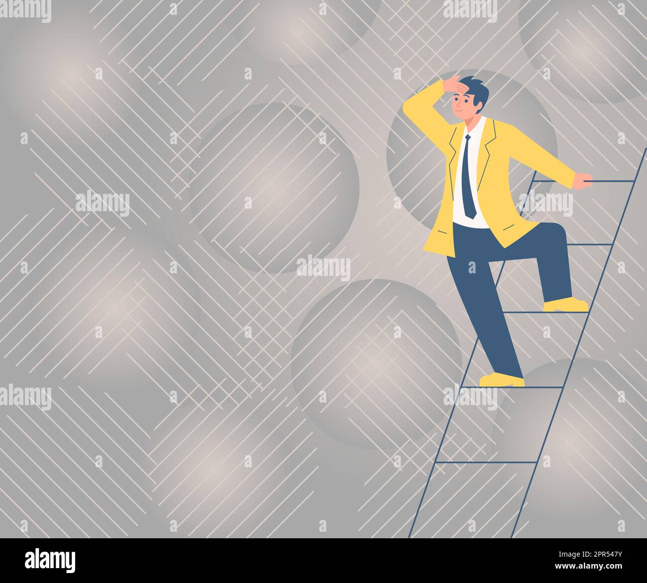 Gentleman en costume Standing Ladder la recherche des dernières idées de plan a réussi à atteindre des objectifs. Homme escalade Escaliers explorant de futures stratégies innovantes. Illustration de Vecteur