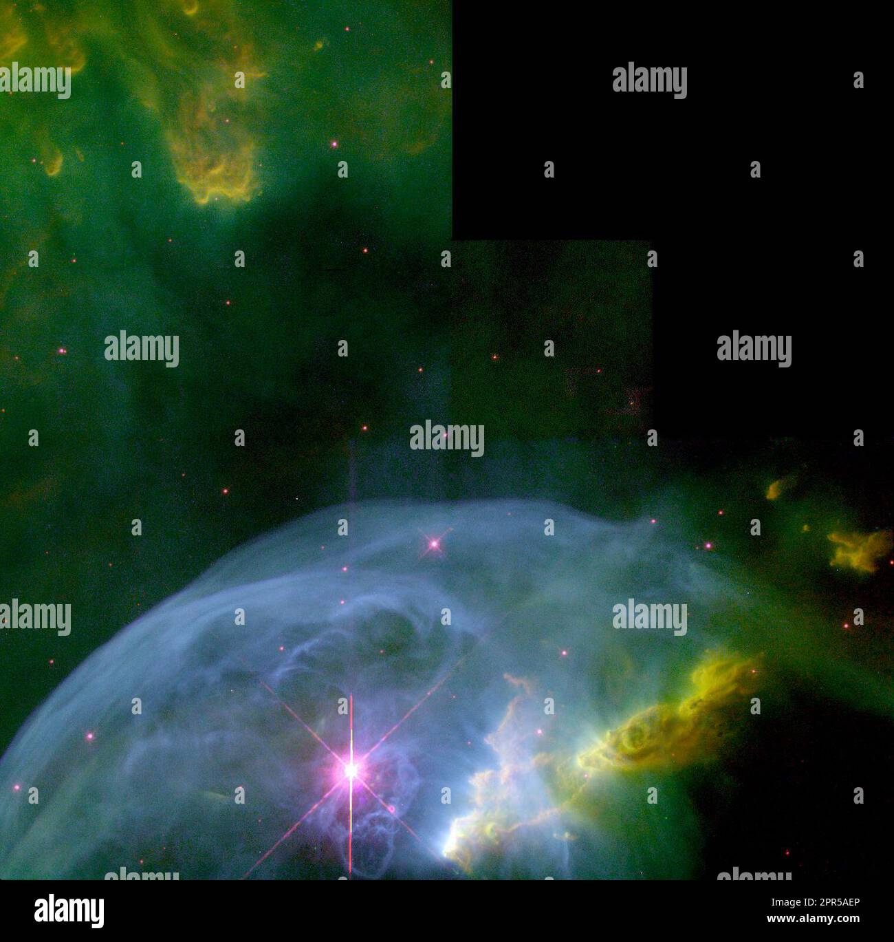 Les astronomes, utilisant la caméra planétaire à champ large 2 à bord du télescope spatial Hubble de la NASA en octobre, novembre 1997 et avril 1999, ont exposé la nébuleuse à bulles (NGC 7635) avec une clarté sans précédent. Pour la première fois, ils sont capables de comprendre la géométrie et la dynamique de ce système très compliqué. Les photos antérieures prises par la nébuleuse avec la caméra planétaire à champ large 1 ont laissé de nombreux problèmes sans réponse, car les données n'ont pas pu être entièrement calibrées pour une utilisation scientifique. En outre, ces données n'ont jamais imagé la structure interne énigmatique présentée ici. La bulle remarquablement sphérique marque TH Banque D'Images