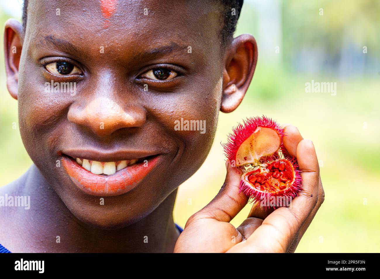 Portrait d'un garçon joyeux montrant des fruits exotiques rouges, Zanzibar, Tanzanie Banque D'Images
