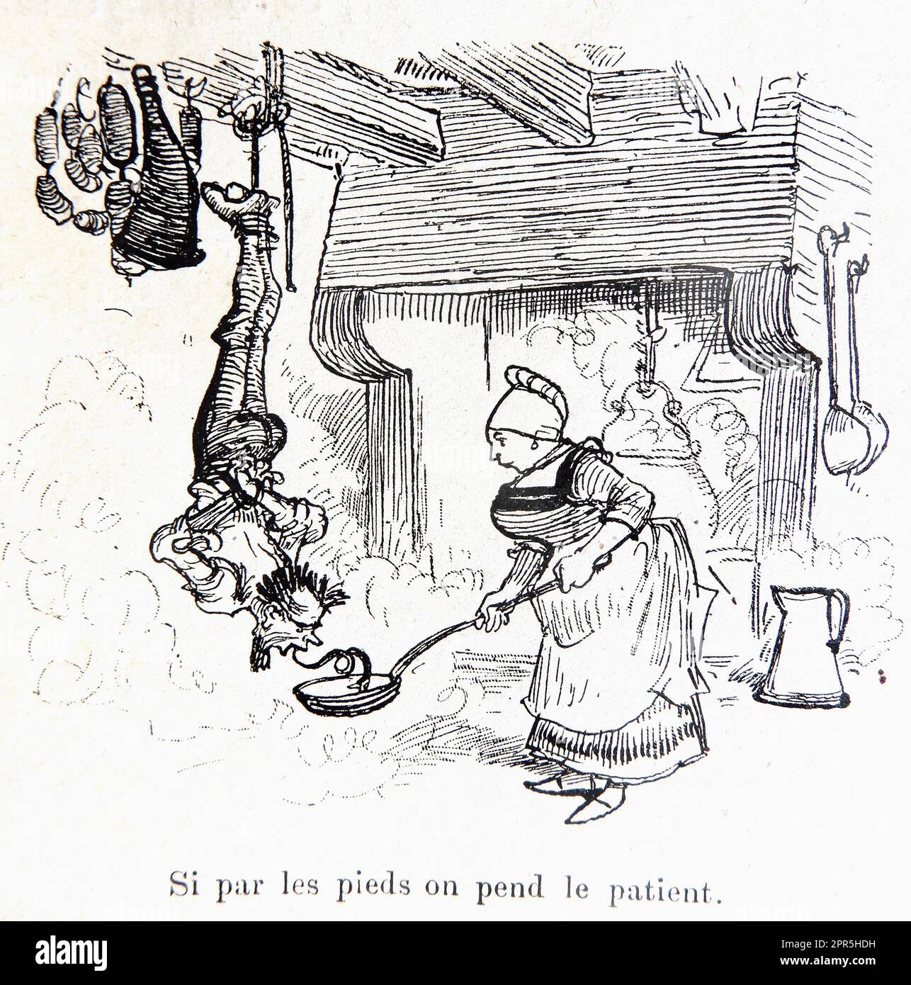 Albert Robida - si par les pieds nous accrochons le patient - il apprendra bientôt sa leçon - 1886 Banque D'Images