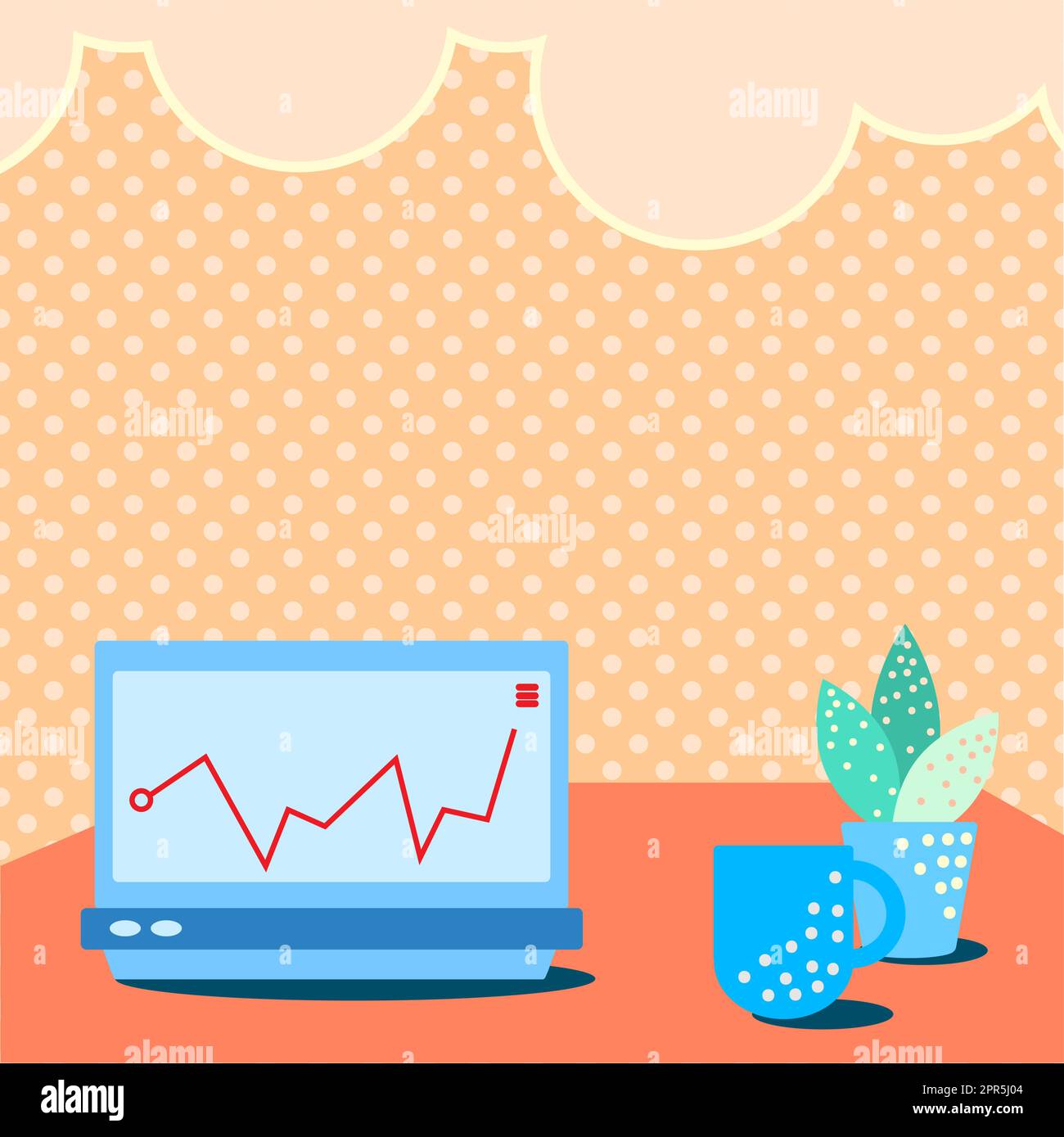 Ordinateur portable posé sur Une table à côté de la tasse à café et de l'usine montrant le processus de travail. Bureau dessin avec ordinateur portable. Conception de dessus d'ordinateur. Illustration de Vecteur