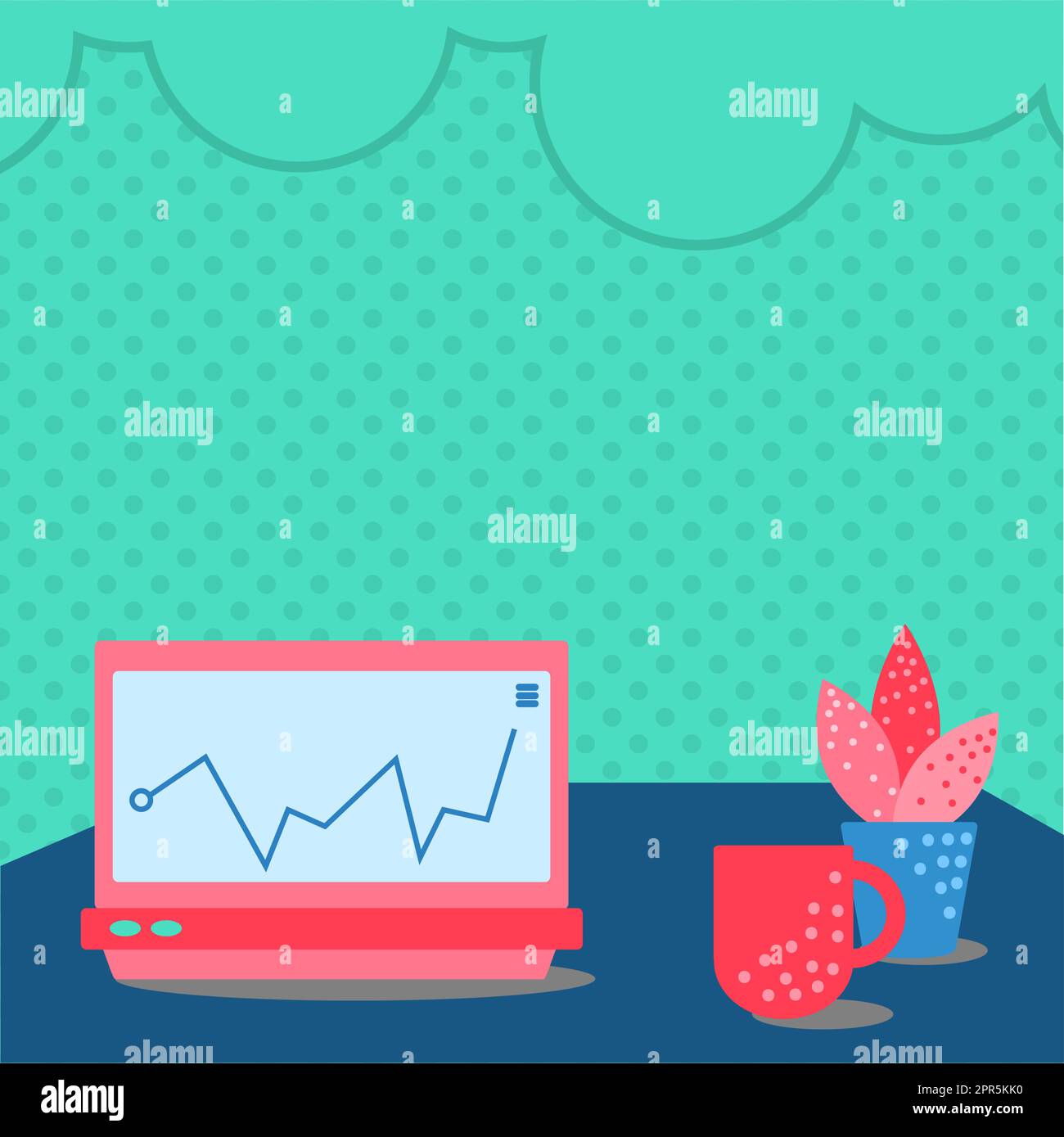 Ordinateur portable posé sur Une table à côté de la tasse à café et de l'usine montrant le processus de travail. Bureau dessin avec ordinateur portable. Conception de dessus d'ordinateur. Illustration de Vecteur