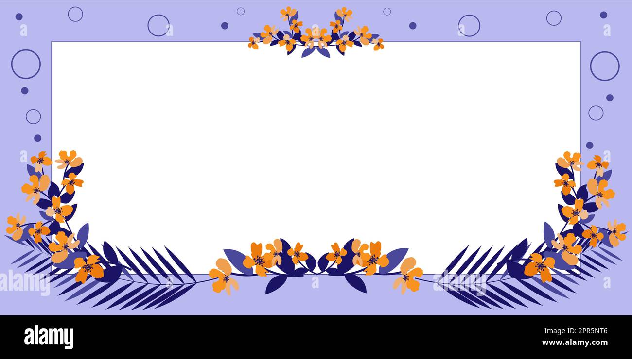 Cadre vierge décoré de fleurs colorées et de feuillages arrangés harmonieusement. Vide Poster Border entouré par le bouquet multicolore organisé agréablement. Illustration de Vecteur