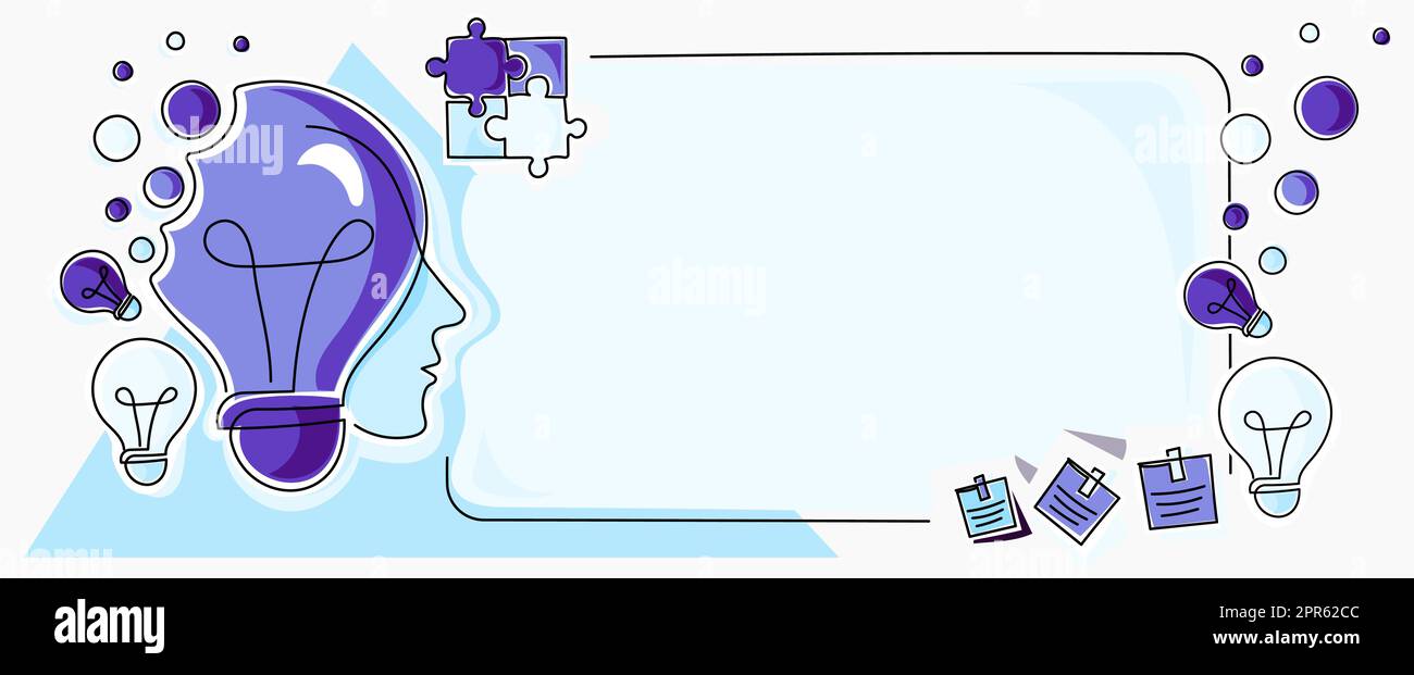 Homme avec des ampoules et des pièces de puzzle autour de penser de nouvelles idées. Raisonnement de l'homme d'affaires informations importantes sur le tableau de présentation. La direction présente les dernières mises à jour. Illustration de Vecteur