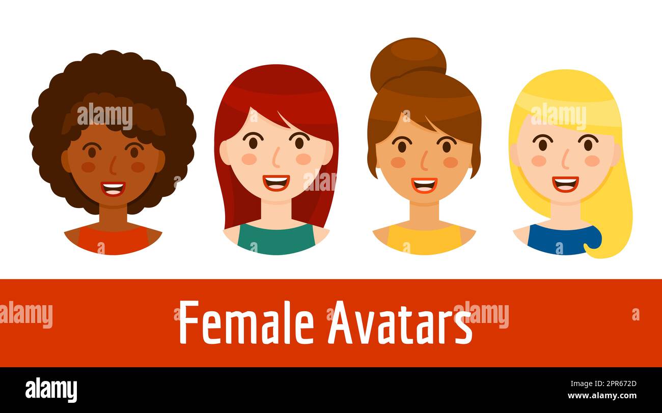 Différentes femmes avatars collection isolée sur fond blanc. Magnifiques portraits de filles souriantes de style caricature - blond, brunette, cheveux rouges et bl Banque D'Images