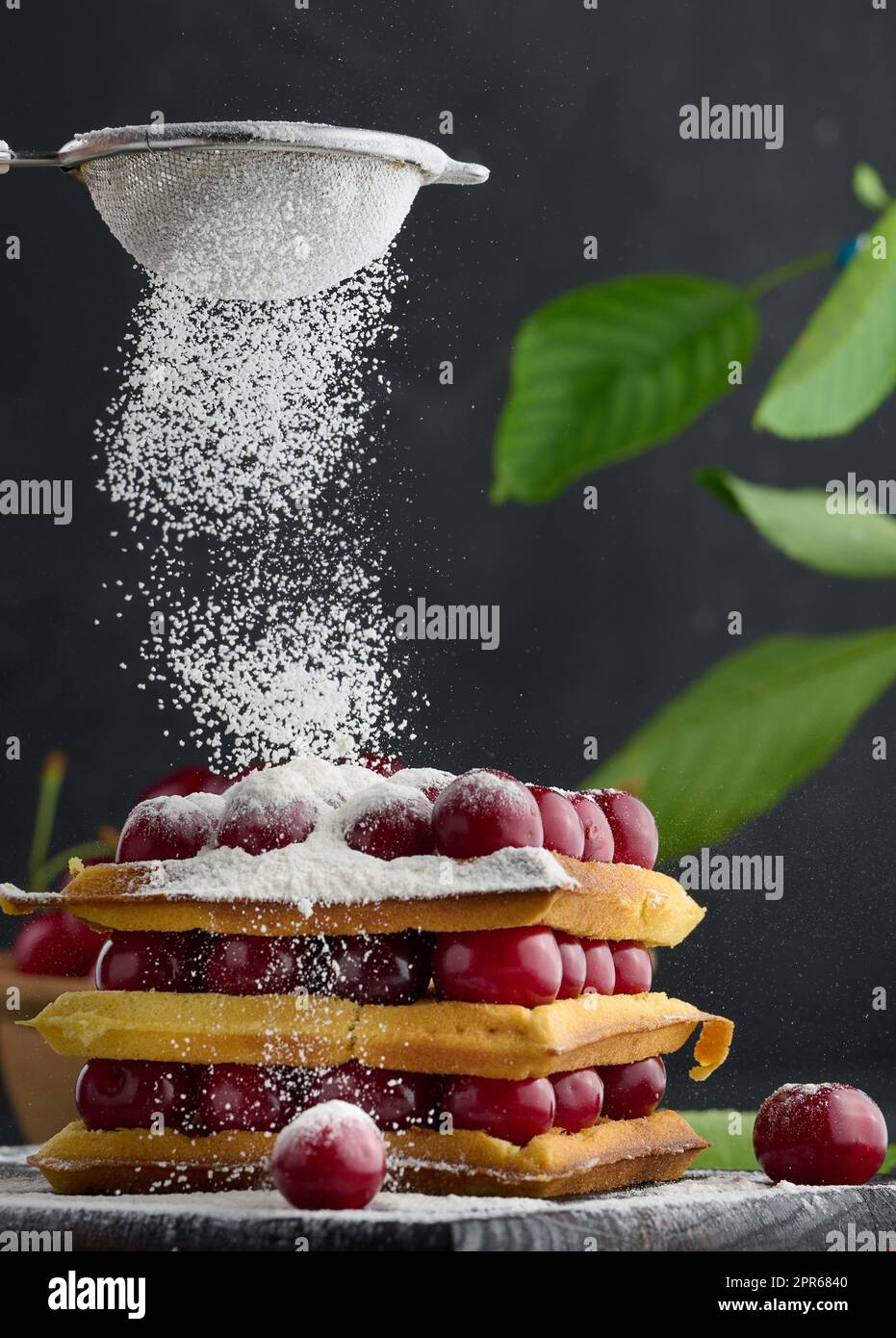 Pile de gaufres belges cuites au four avec des cerises rouges mûres saupoudrées de sucre en poudre Banque D'Images