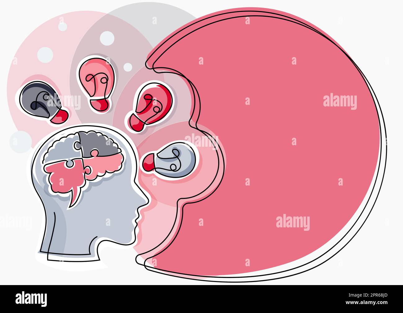 Homme avec un cerveau perplexe penser de nouvelles idées brillantes montrées sur le tableau de présentation. Homme d'affaires présentant des informations récentes. Cadre avec des ampoules autour des concepts de raisonnement. Illustration de Vecteur