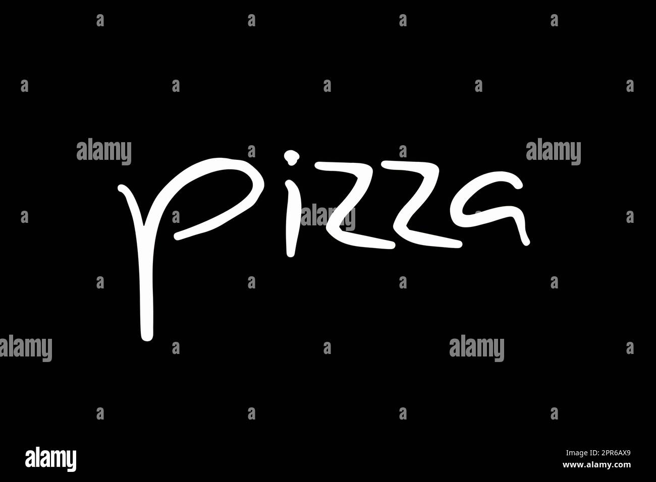 Mot de pizza manuscrit isolé sur fond noir. Banque D'Images