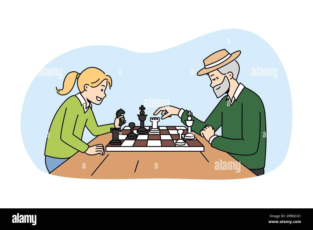 Grand-père mature jouant aux échecs avec une petite fille. Joyeux homme âgé aimez le jeu de société avec un petit enfant. Loisirs et loisirs. Illustration vectorielle. Banque D'Images