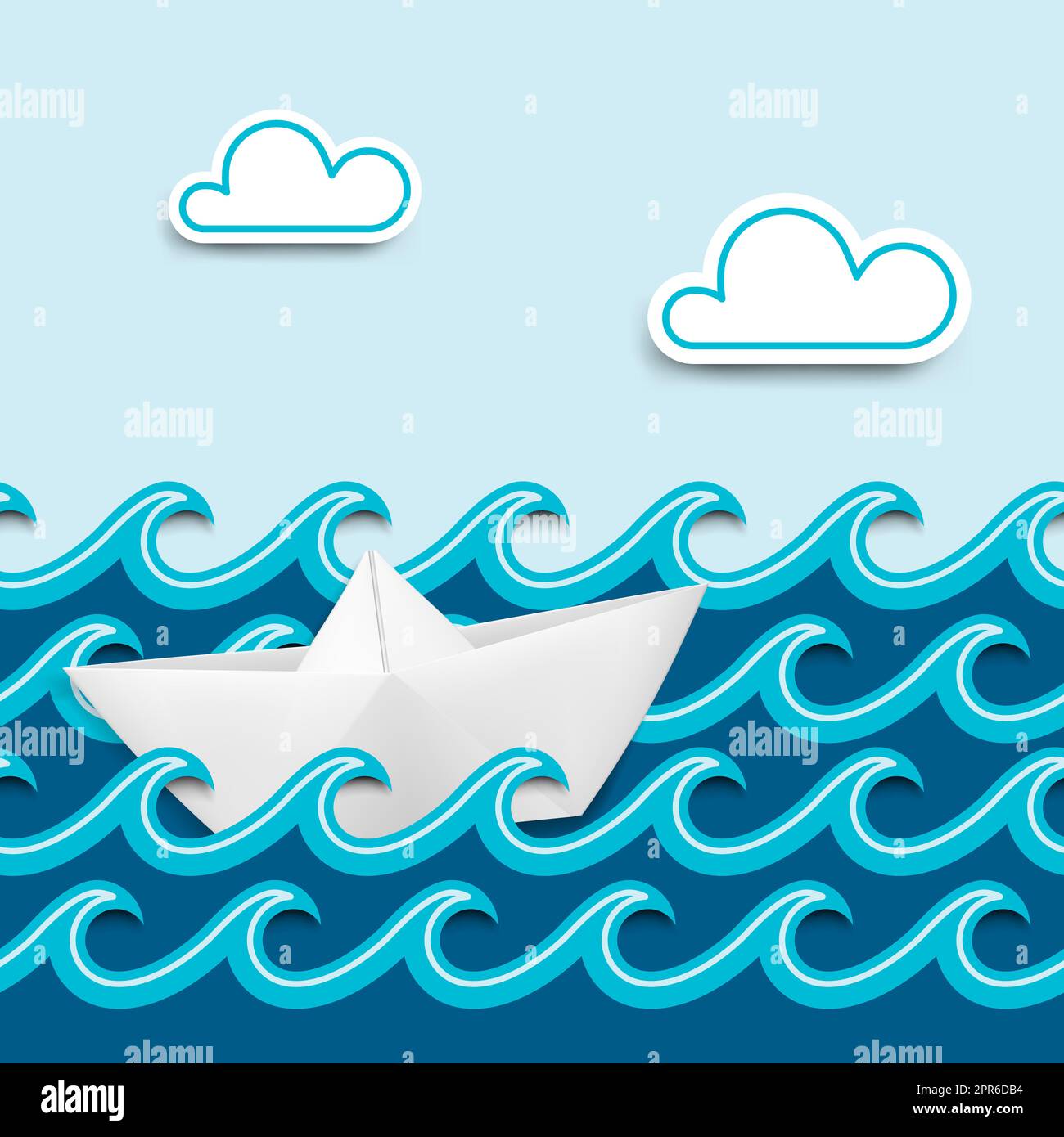 Bateau en papier sur des vagues en papier, décor de dessin animé nautique. Illustration vectorielle. Banque D'Images
