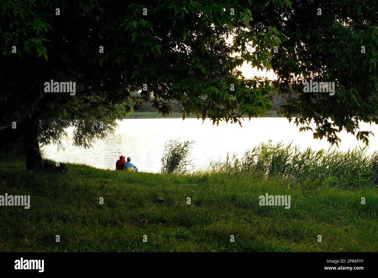 Heureux couple senior assis en été près du lac pendant le coucher du soleil Banque D'Images