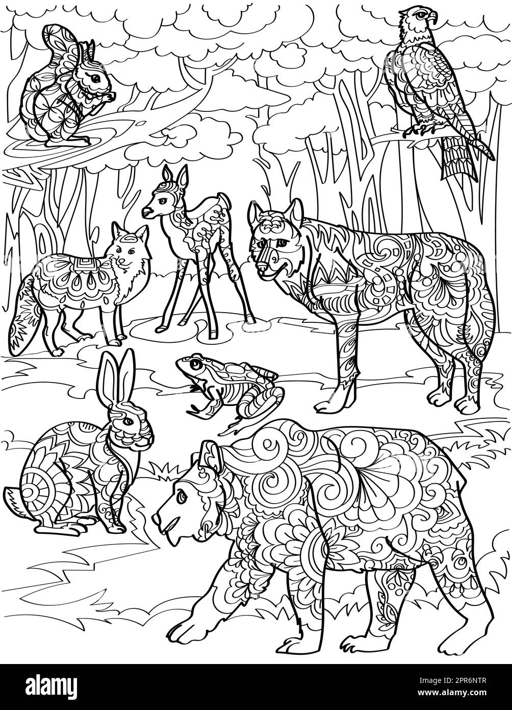 Différentes créatures forestières Deer Fox Wolf Bear Rabbit avec arrière-plan d'arbre. Banque D'Images