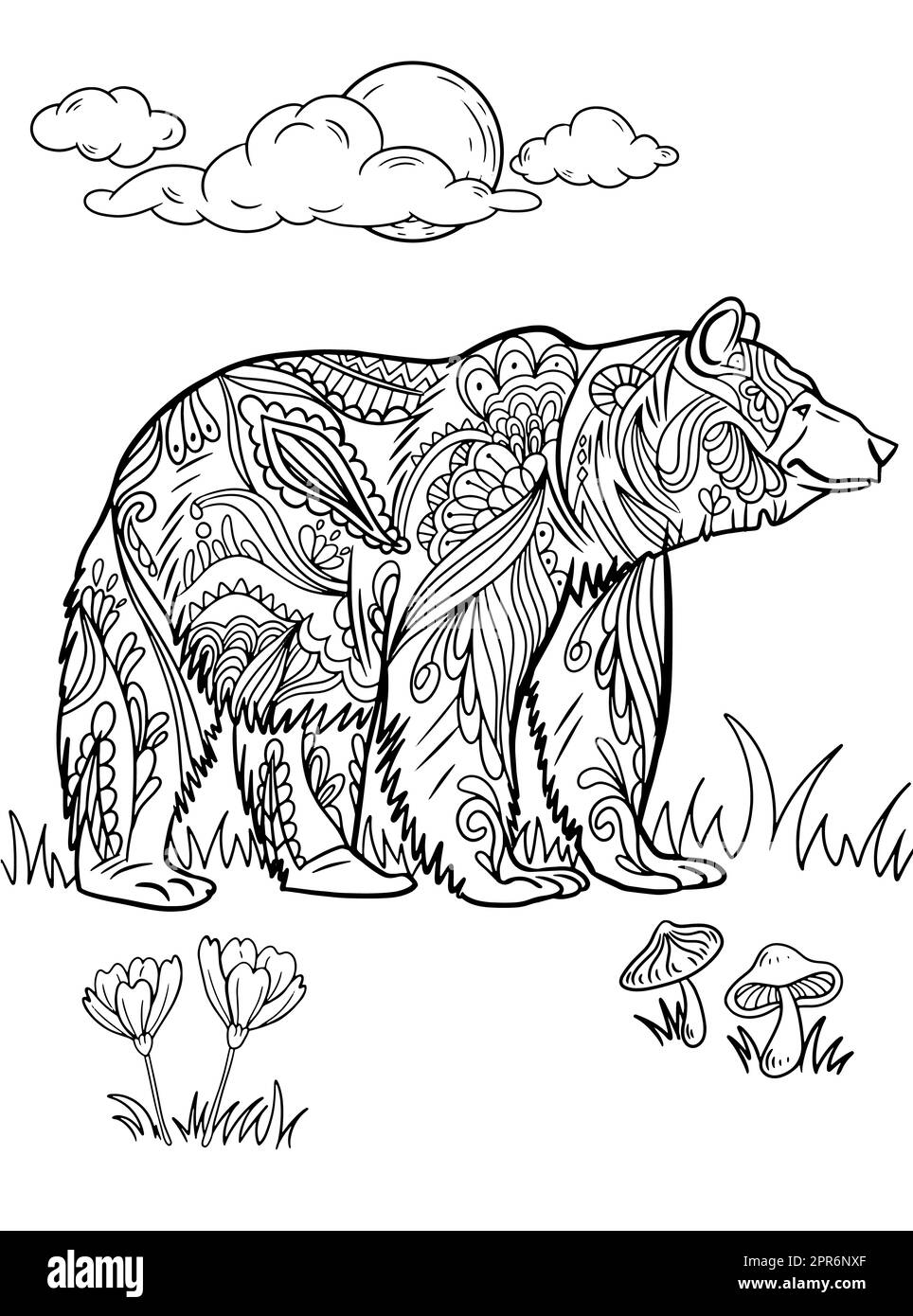 Grand Ours debout vue latérale sur les champs d'herbe avec fleurs sous pleine lune. Banque D'Images