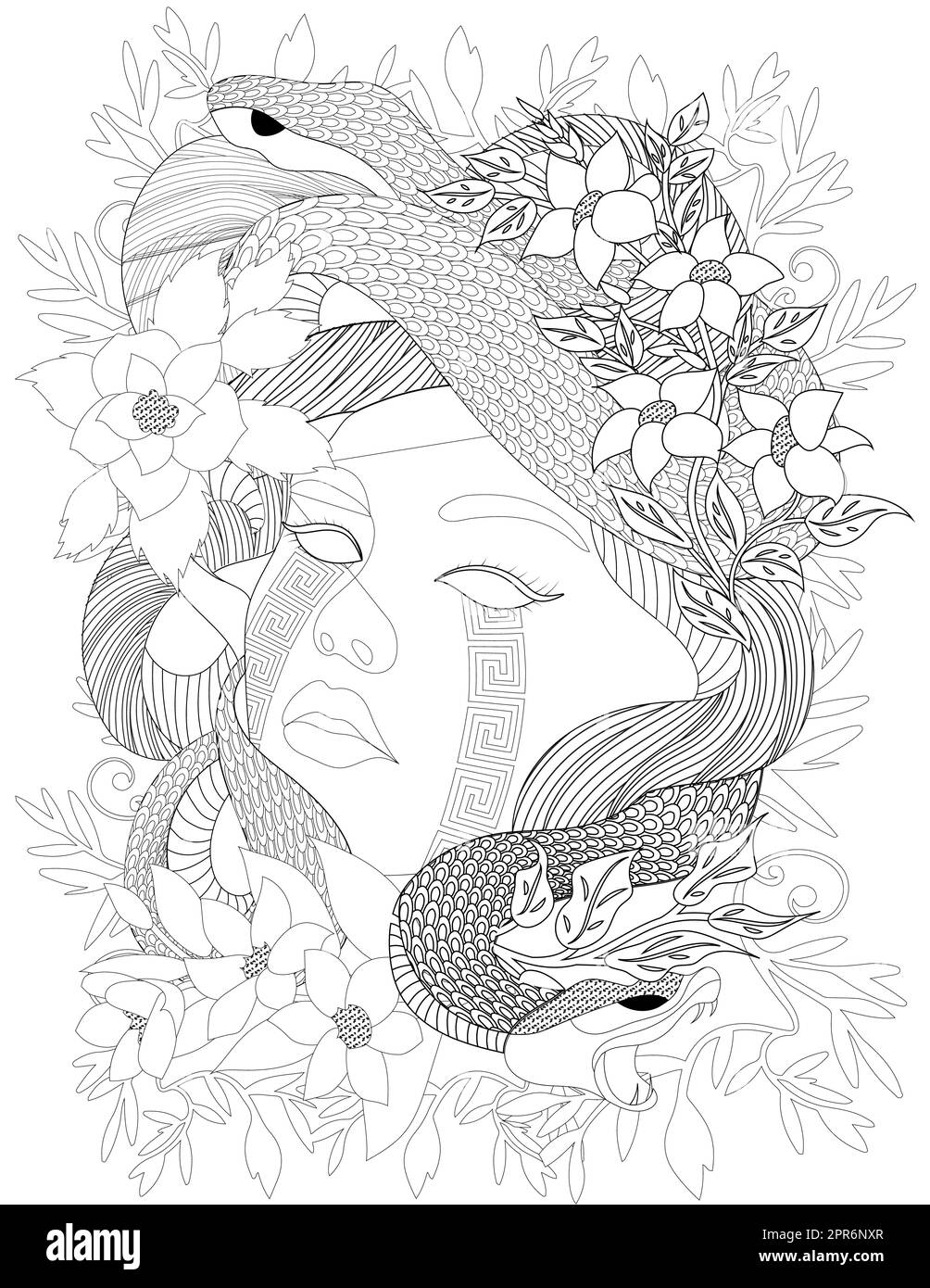 Deux petits serpents enveloppés autour de la tête de femme avec dessin de ligne de fleurs. Banque D'Images