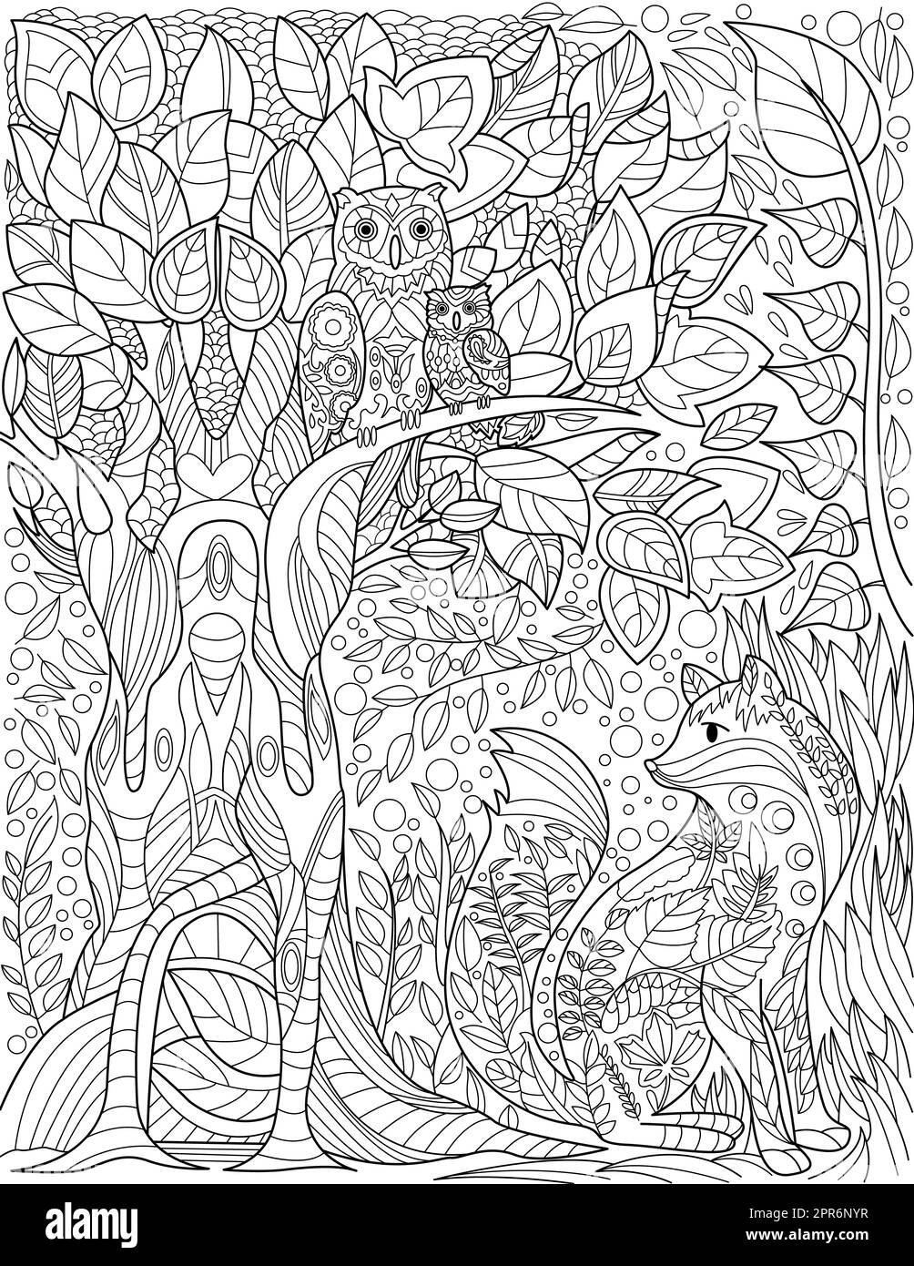 Hiboux sur la branche de grand arbre dans la forêt avec petit renard sous le dessin de ligne. Banque D'Images