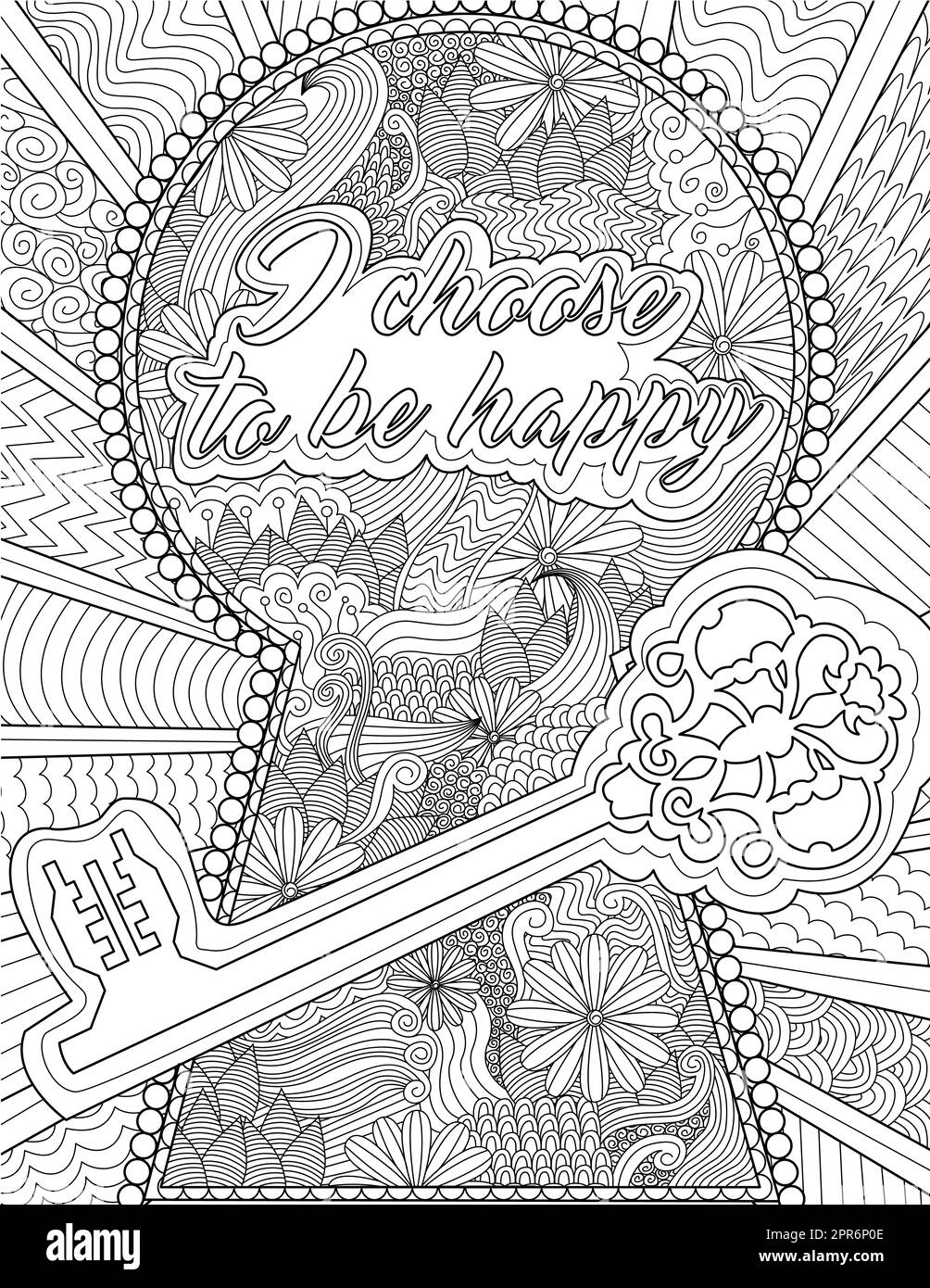 Grande clé avec grand trou de serrure avec fleurs à l'intérieur d'un dessin de ligne incolore. Banque D'Images
