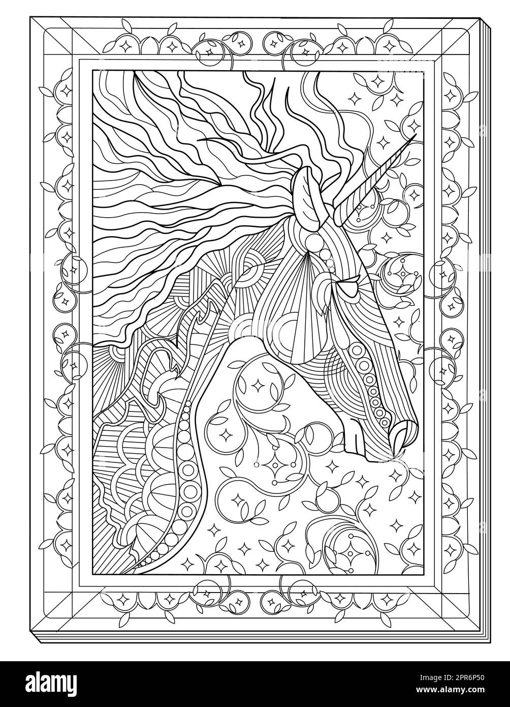 La tête UNICORN est orientée vers le côté à l'intérieur D'Un dessin de ligne de cadre rectangulaire. Banque D'Images