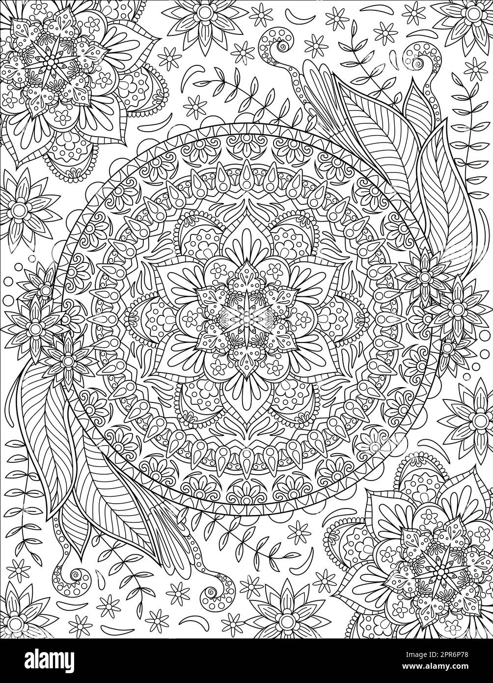 Kaléidoscope Symmétrique Mandala Flower incolore dessin de ligne Banque D'Images