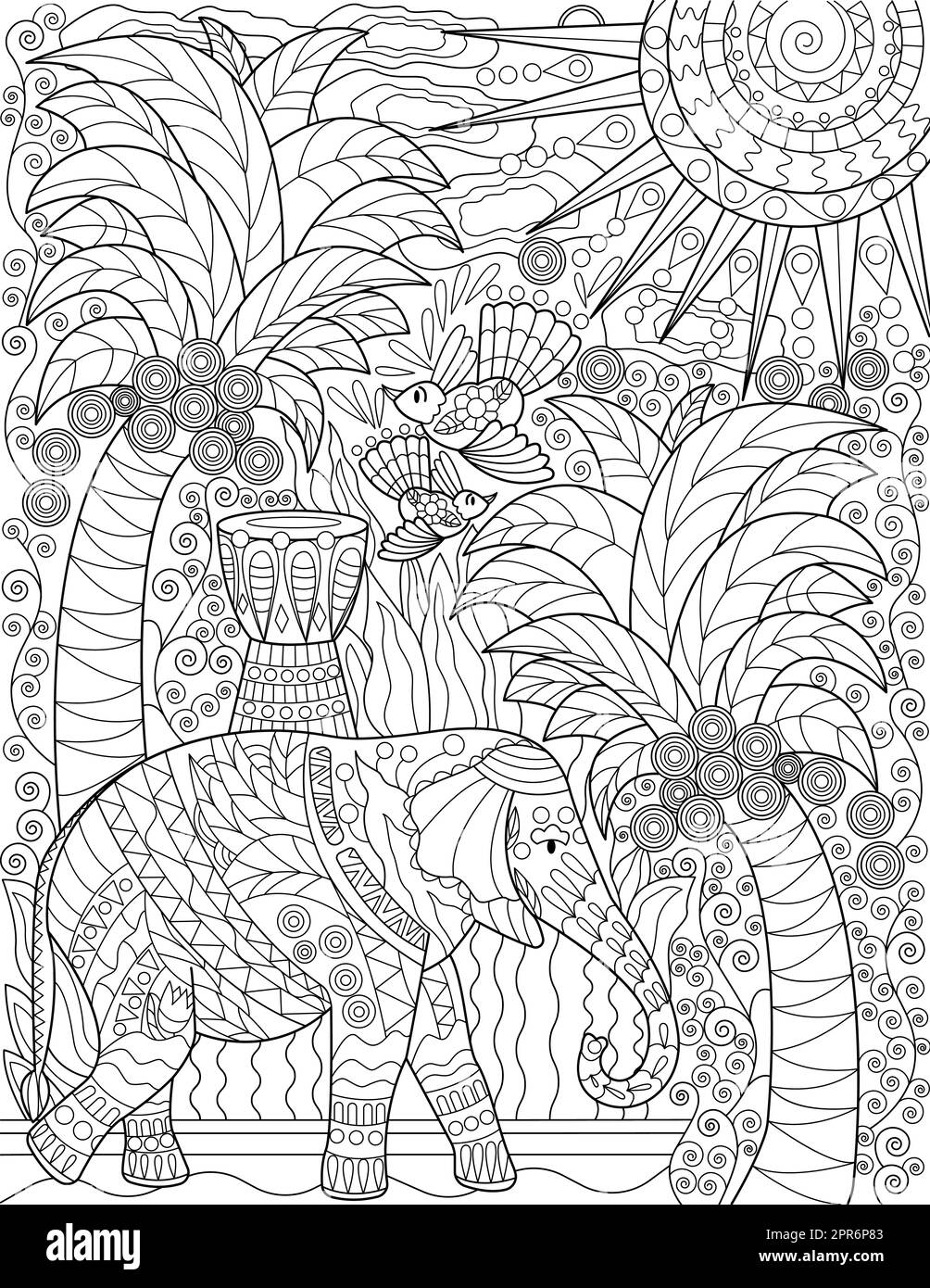 Grand éléphant randonnée Tall Coconut Trees oiseaux Flying Line dessin. Banque D'Images