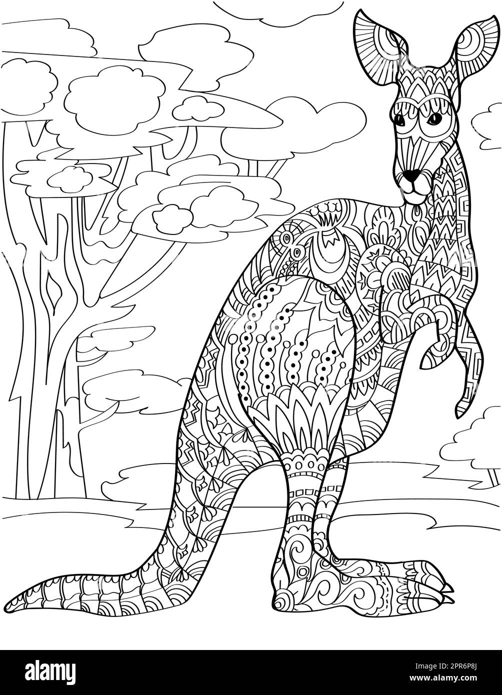 Kangaroo Standing avec grand fond d'arbre dessin de ligne incolore. Banque D'Images Kangaroo Standing avec grand fond d'arbre dessin de ligne incolore. Banque D'Images