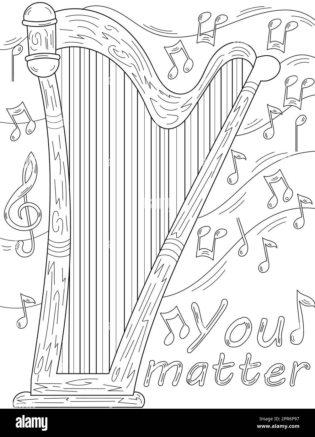 Pose de harpe à plat avec notes musicales dessin au trait incolore flottant. Banque D'Images