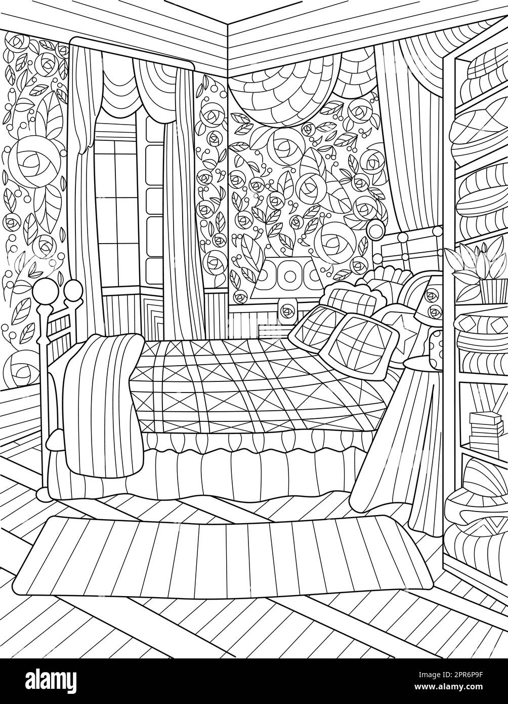 Chambre à coucher ligne incolore dessin grand lit fenêtres ouvertes rideaux de table. Banque D'Images