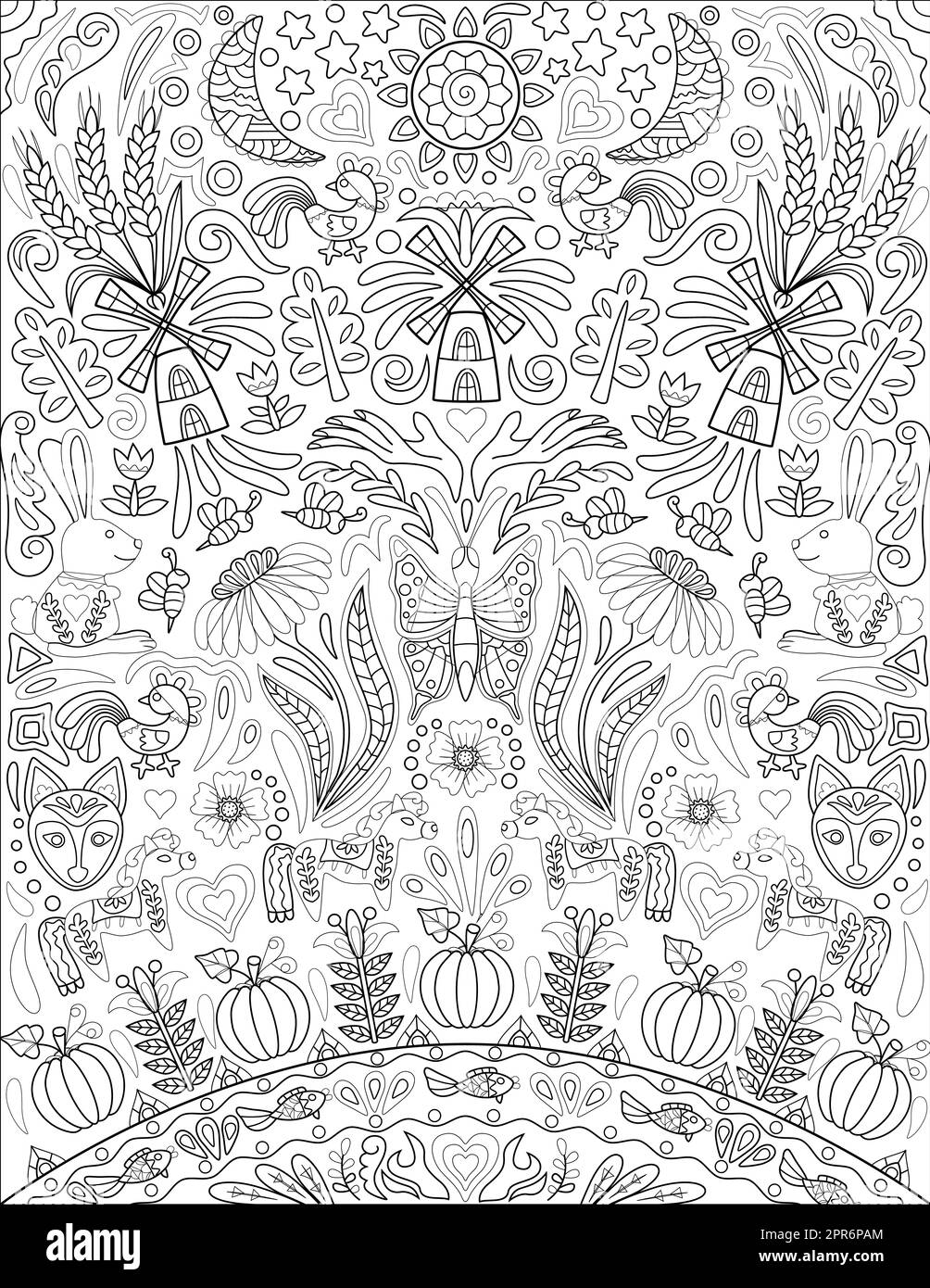 Nature Doodle plantes fleurs animaux fruits feuilles incolore dessin de ligne. Banque D'Images